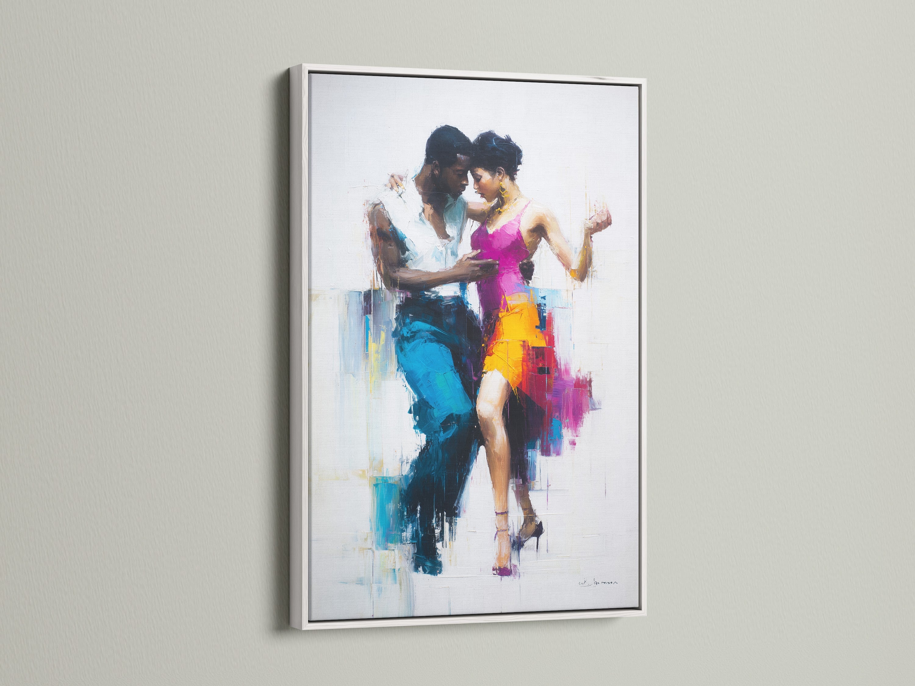 The artwork features a white frame. The art shows a couple dancing. The white frame offers a clean. It provides a modern aesthetic. The art becomes a focal point. The colors pop against the white. The dancers are full of life. This piece is a versatile addition to any home or office.