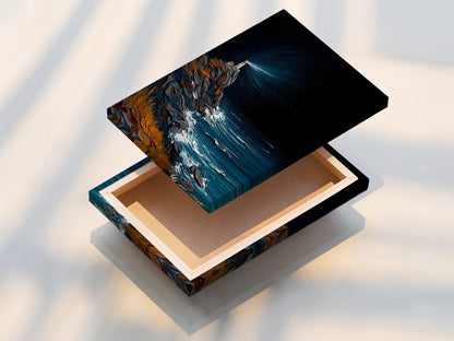 A stretched canvas print featuring lighthouse artwork. The canvas print brings the seascape art to life. Ready to hang and enjoy in your home. Ideal for creating a coastal atmosphere in any room.