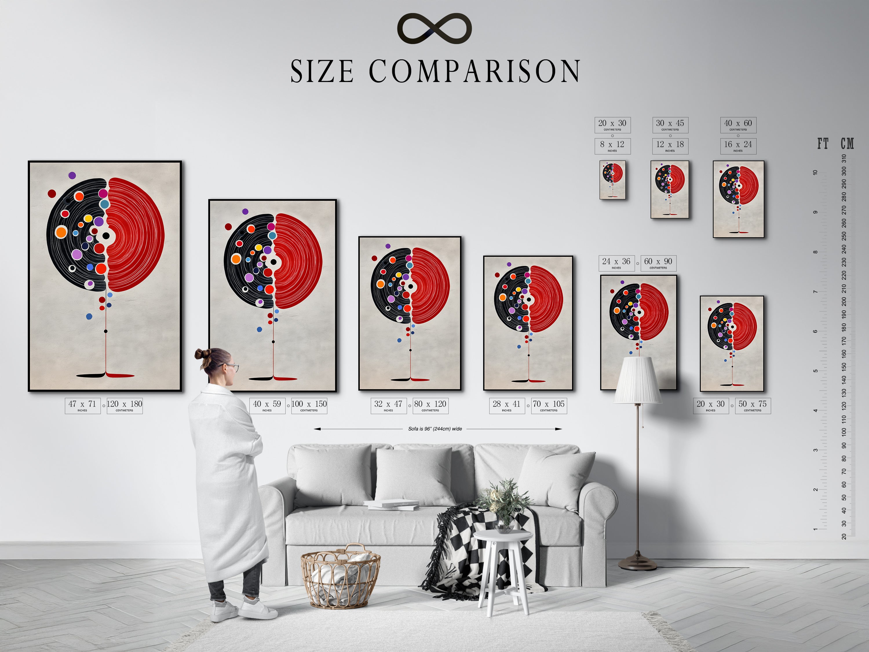 A size comparison chart is displayed in an interior setting. This helpful guide shows the different sizes available. The Abstract Tree Artwork can fit any space. Visualize how the artwork will look in your home or office.