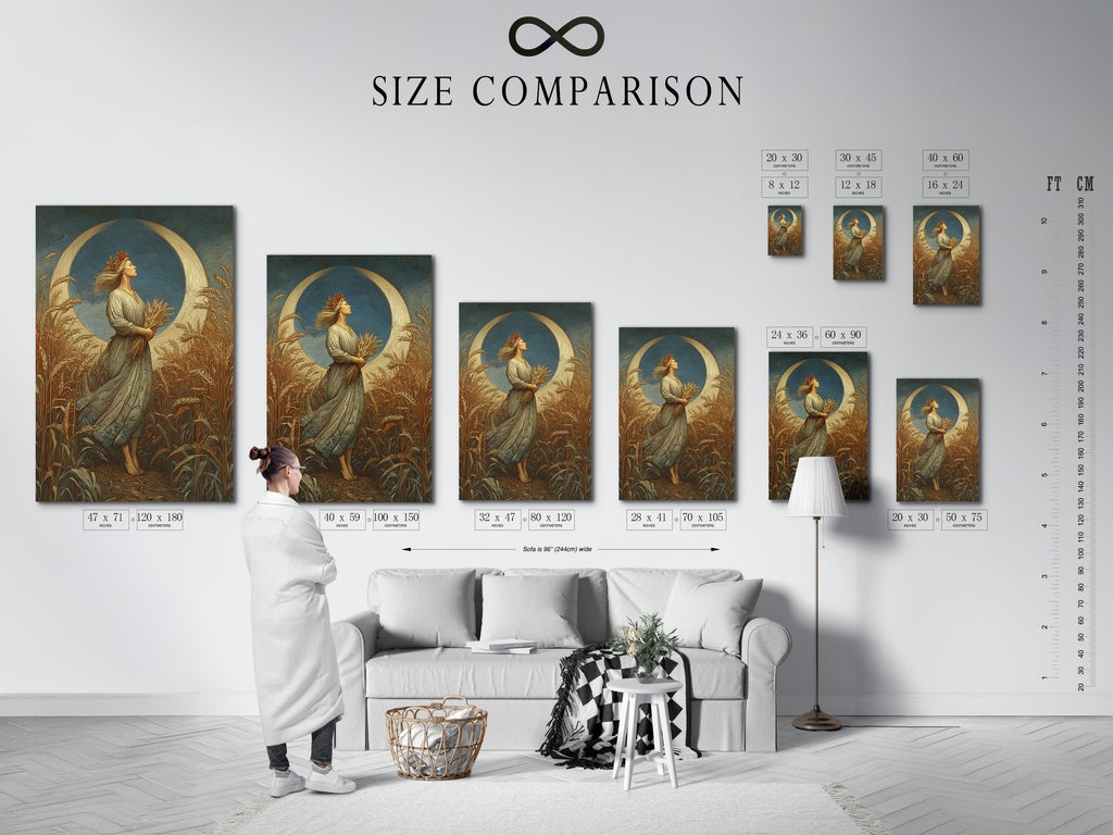 A size comparison chart is displayed in a room setting. It helps visualize artwork dimensions. The chart assists in choosing the perfect size. Consider your space when selecting artwork. Find the ideal fit for your home.