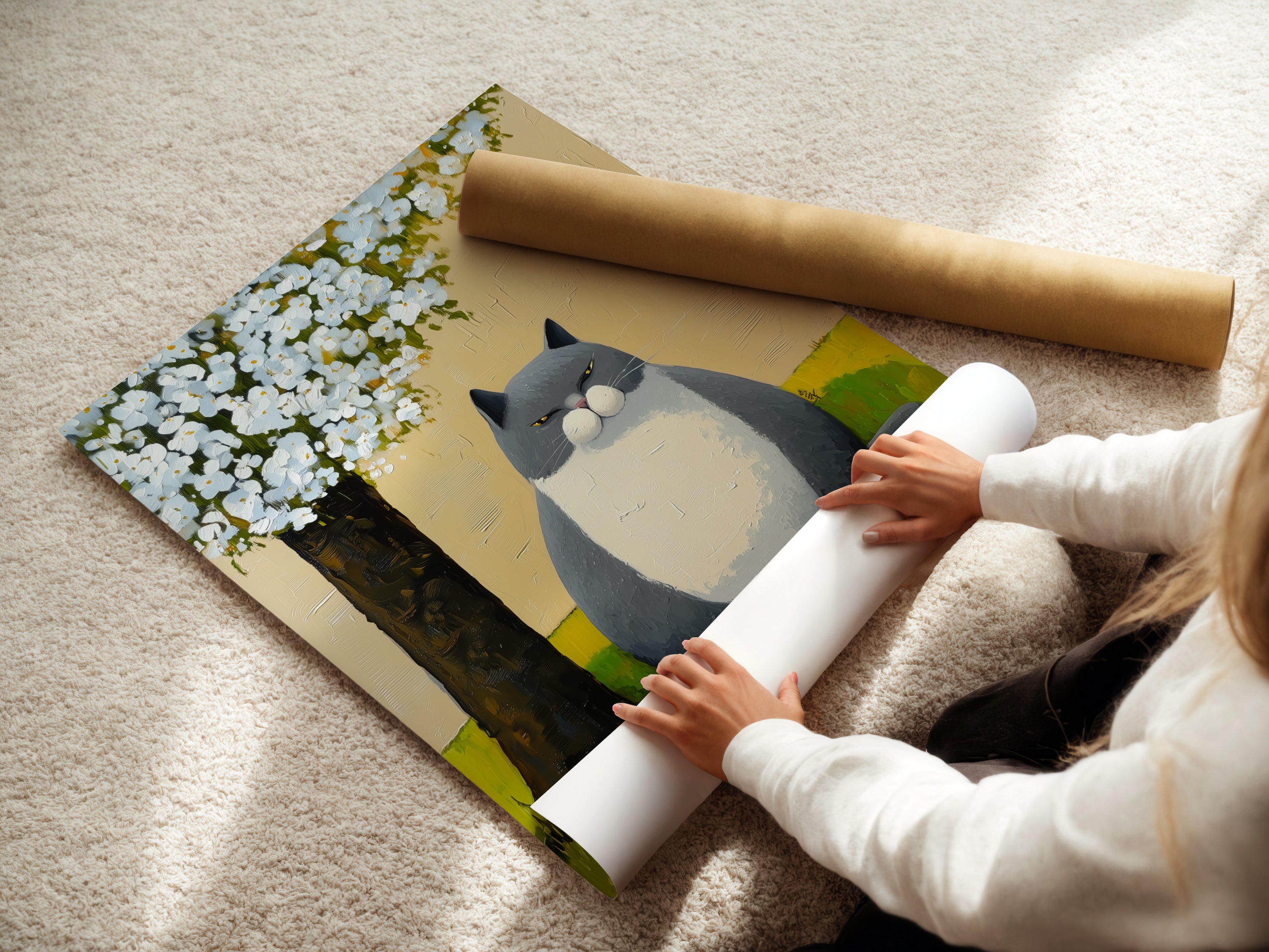 A woman is carefully rolling a fine art poster paper. The paper features a whimsical cat artwork print. It's a peaceful garden scene. The cute animal illustration is perfect for any room.