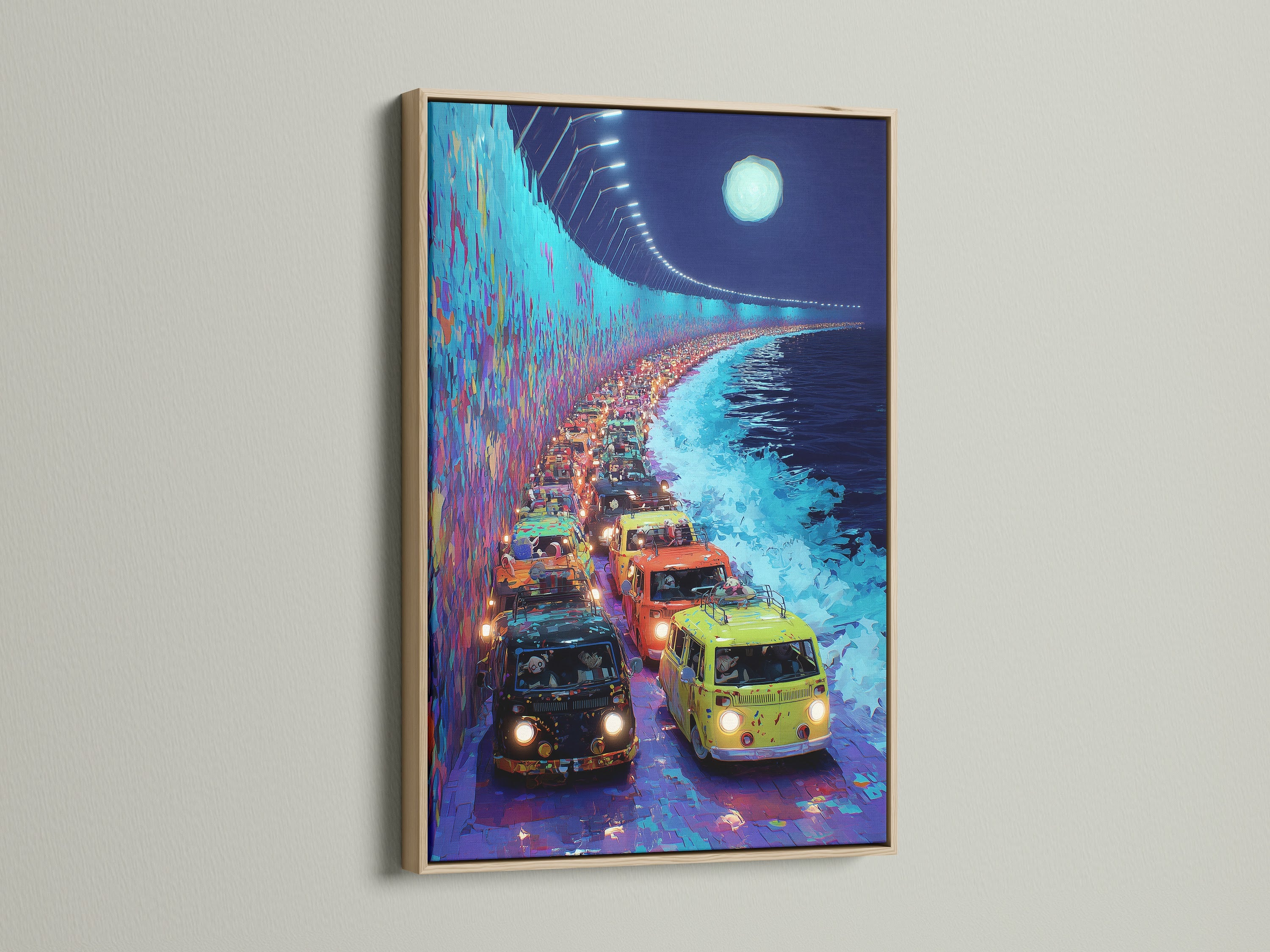 Retro van coastal highway artwork with an oak frame. The frame enhances the vintage vehicle art. This road trip print is ideal for office wall art. The turquoise art complements a 70s aesthetic. This artwork is perfect for homeowners renters and interior designers alike.