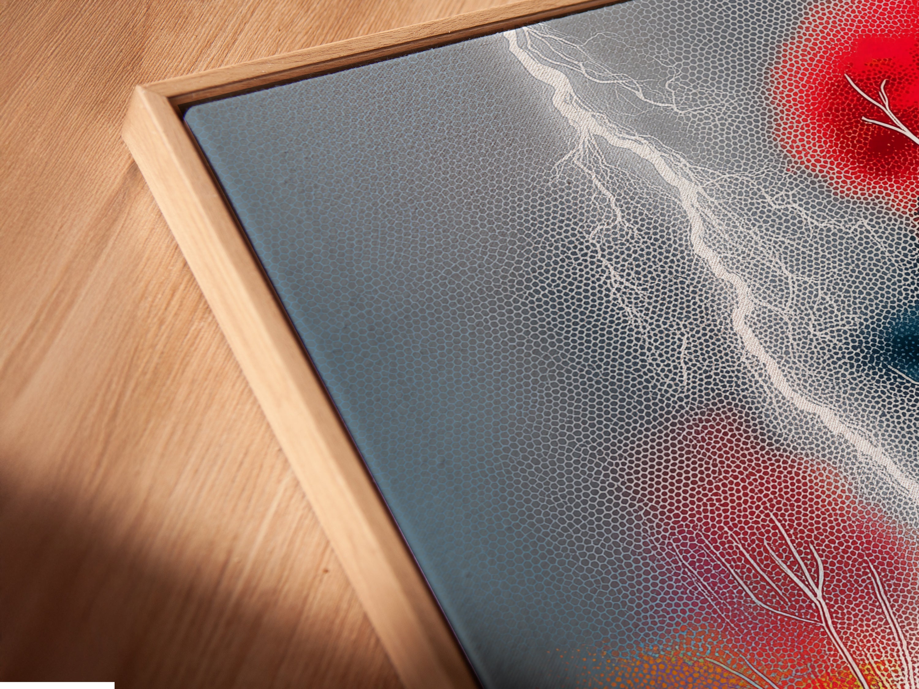 A close-up view of a canvas print in a floating frame. The artwork is the 'Lightning Forest'. It features colorful trees and a modern storm. The floating frame enhances its contemporary appeal. Elevate your walls with this unique art piece.
