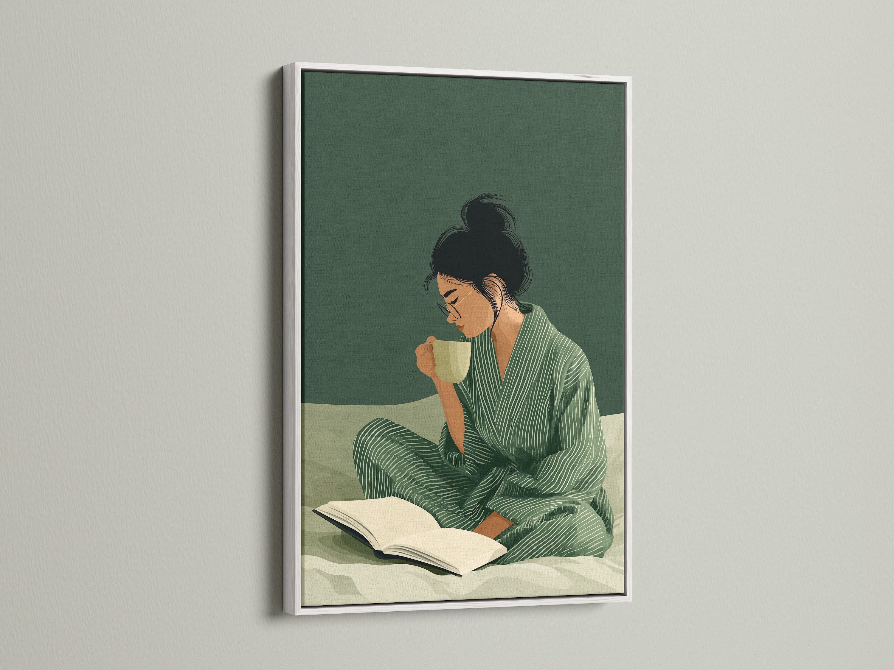 Woman Reading Art Print with a white frame. Displaying peaceful morning artwork. This fine art print is perfect for bedroom wall decor. A thoughtful gift for book lovers. A green aesthetic art piece.