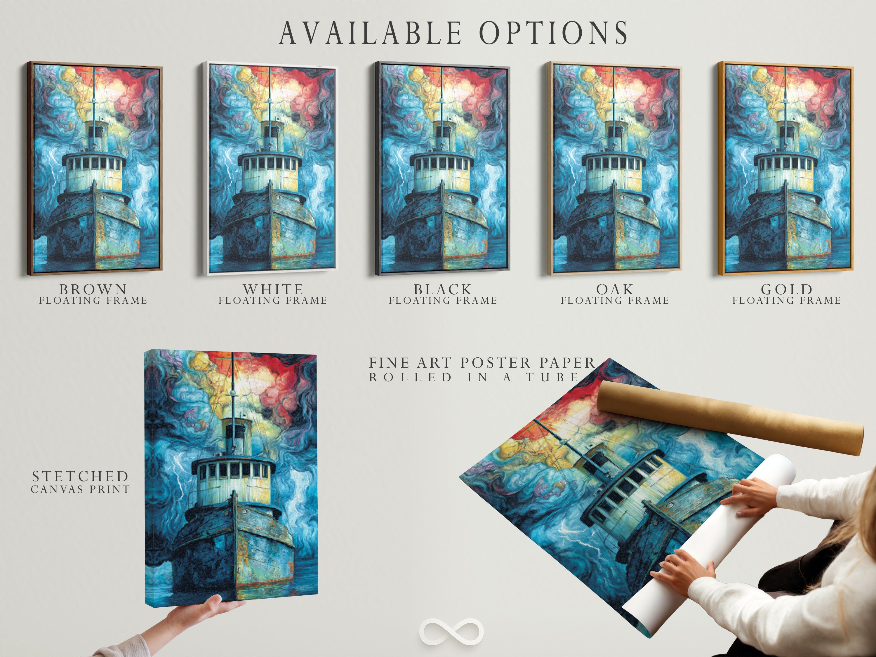 Available options for the Fishing Boat artwork: stretched canvas print fine art poster paper and floating frame. Choose the perfect format for your nautical wall art. The stormy seascape painting is customizable. Select the style that complements your decor. Find the ideal Coastal Wall Art for your space. The options offer versatility.