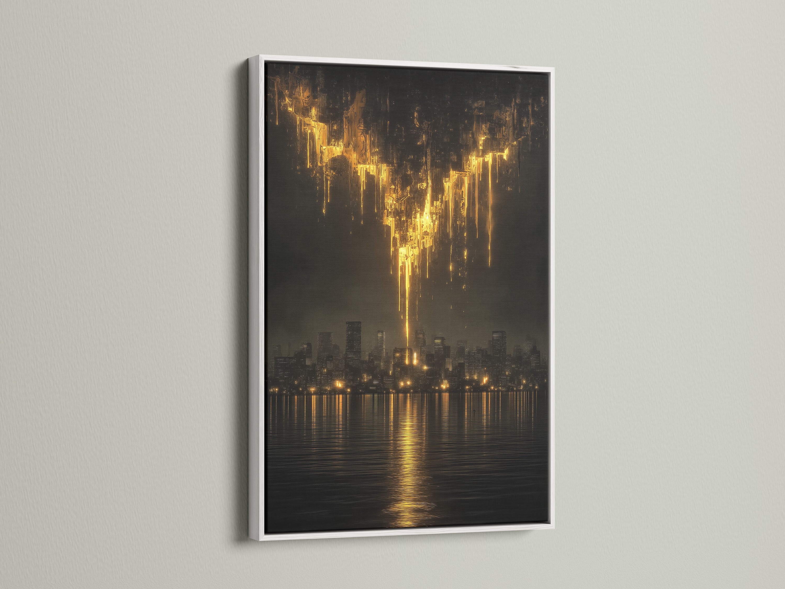 The golden city skyline artwork is displayed in a white frame. This abstract skyline art brings a clean modern aesthetic. Great for urban canvas prints and golden wall decor. It complements any office or living space. The moody cityscape adds depth and character.