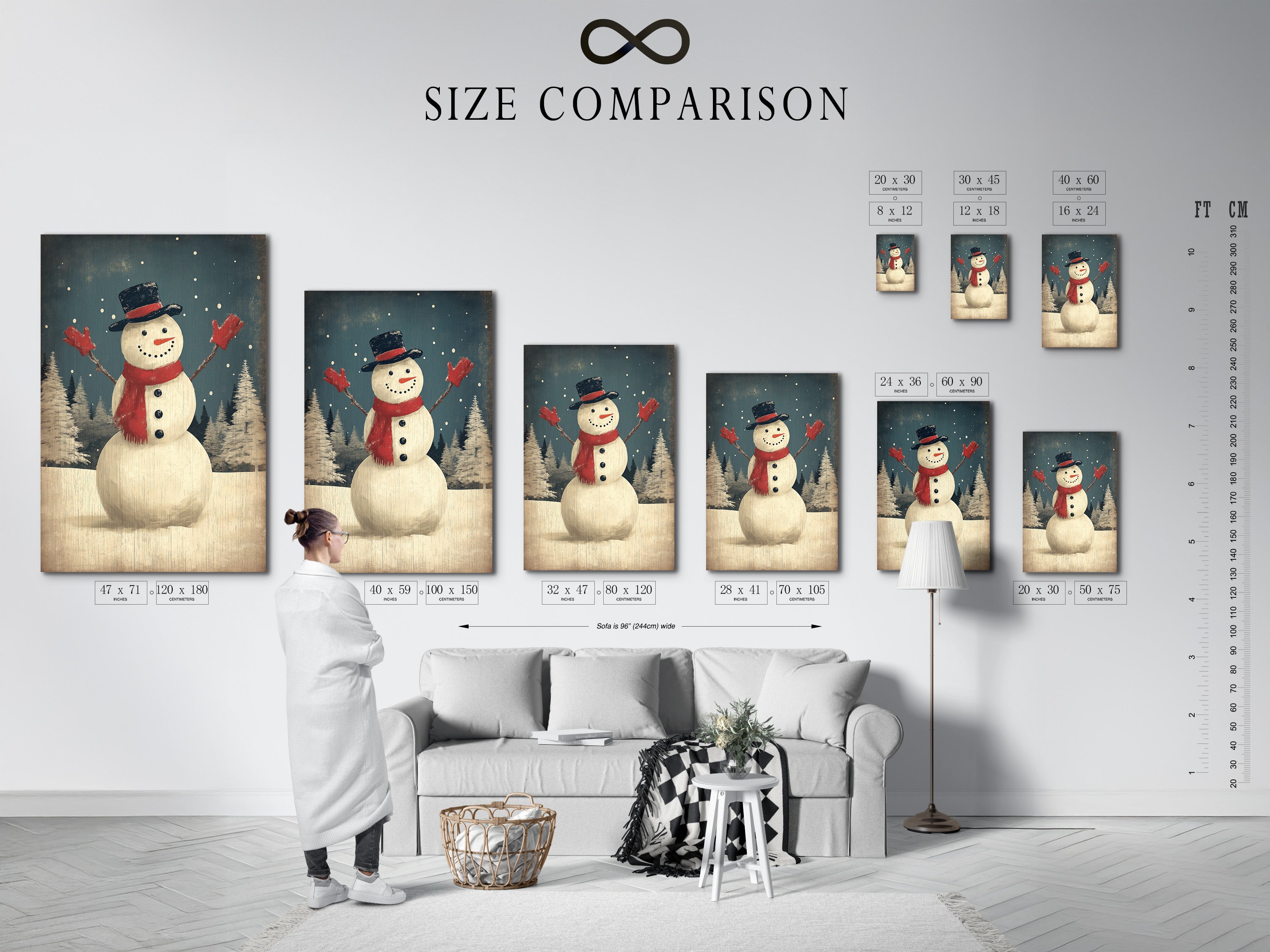 A size comparison chart is displayed in an interior setting. It shows various dimensions available for the snowman winter art print. Find the perfect fit for your christmas wall decor needs.