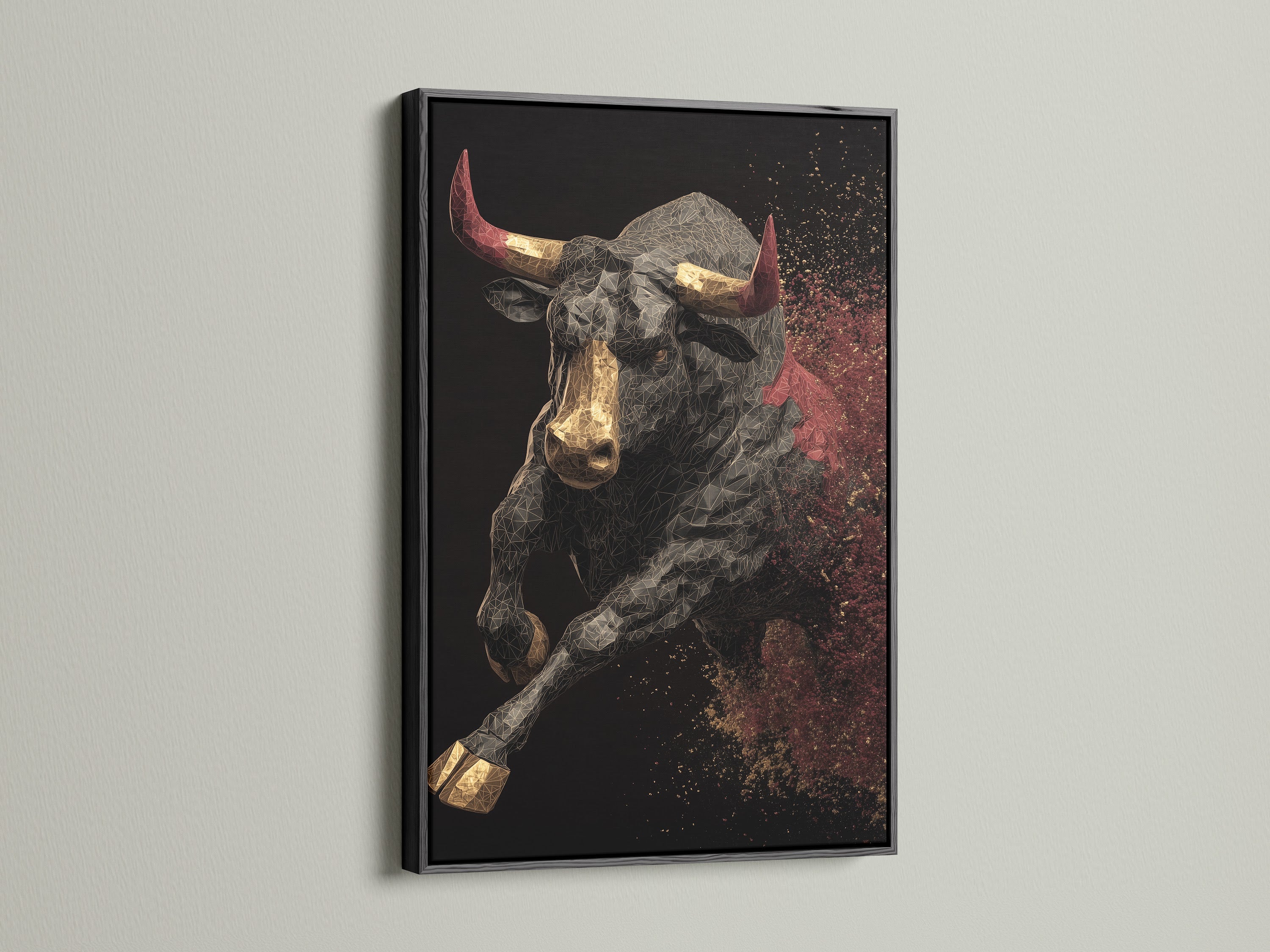 A black frame highlights a striking artwork. The dark frame creates a bold contrast. It makes the colors pop. This frame adds a touch of sophistication.