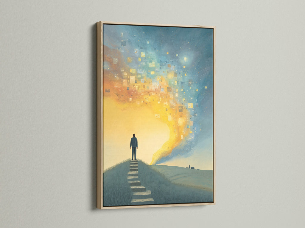 Surreal Journey canvas artwork with an oak frame. The artwork features a figure silhouetted on a path.  This inspirational digital print adds a touch of modern style.  Ideal for living rooms bedrooms or corporate spaces. Elevate your space with this unique wall decor.