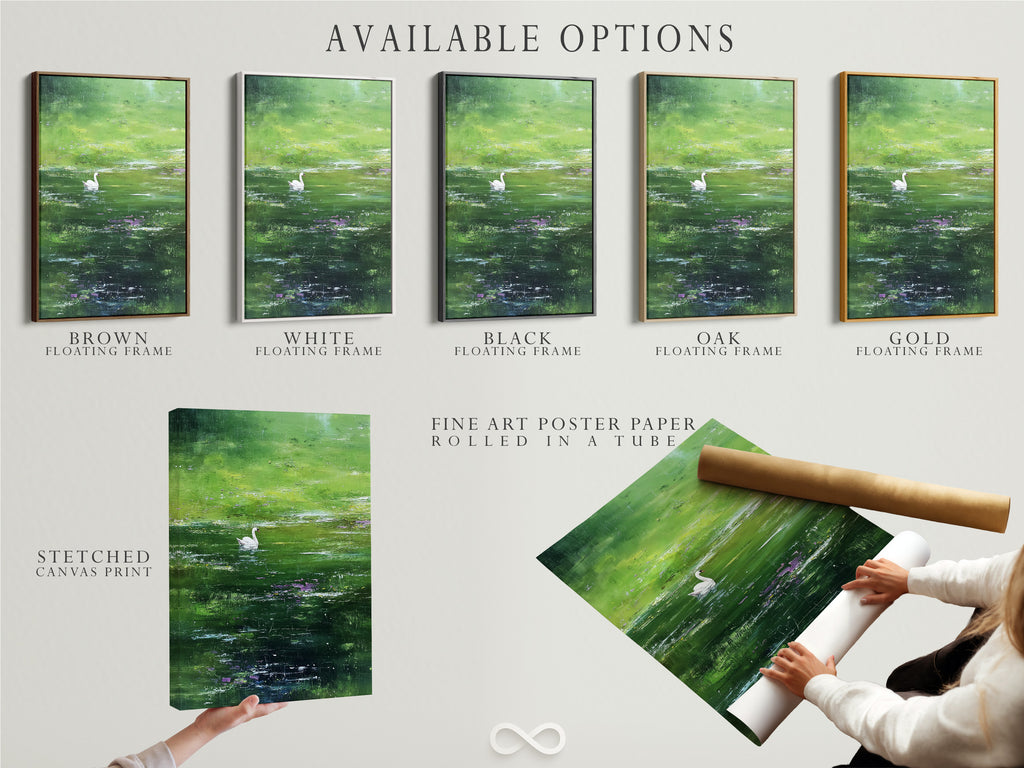Available options are displayed. Stretched canvas print is an option. Fine art poster paper is another option. The floating frame is also available. Customers can choose their preferred format. Select the perfect presentation for your artwork.