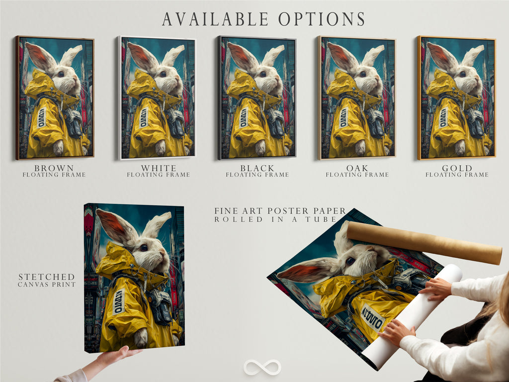 Available options for the cyberpunk rabbit art print are displayed. Choose from a stretched canvas print fine art poster paper or a floating frame. The artwork features a rabbit in a yellow jacket. It is ideal for modern spaces or urban themed homes. Perfect for gaming rooms or offices.