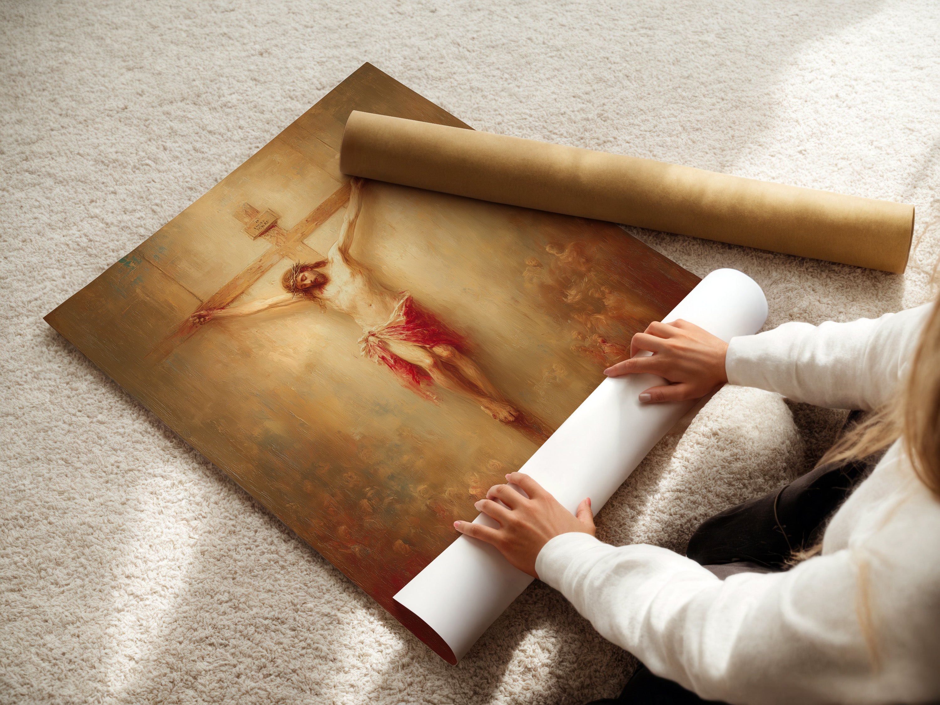 A woman is carefully unrolling a fine art poster paper. The poster paper is of high quality. It is perfect for printing detailed artworks. See the texture and feel of premium fine art paper. Ideal for artists and art enthusiasts. Explore our range of fine art paper options today.