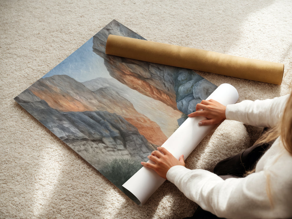 A woman carefully rolls a fine art poster paper of canyon artwork. This neutral tone landscape photography is perfect for any space. It's ideal for those seeking elevated modern wall art. The river gorge artwork adds a touch of nature.