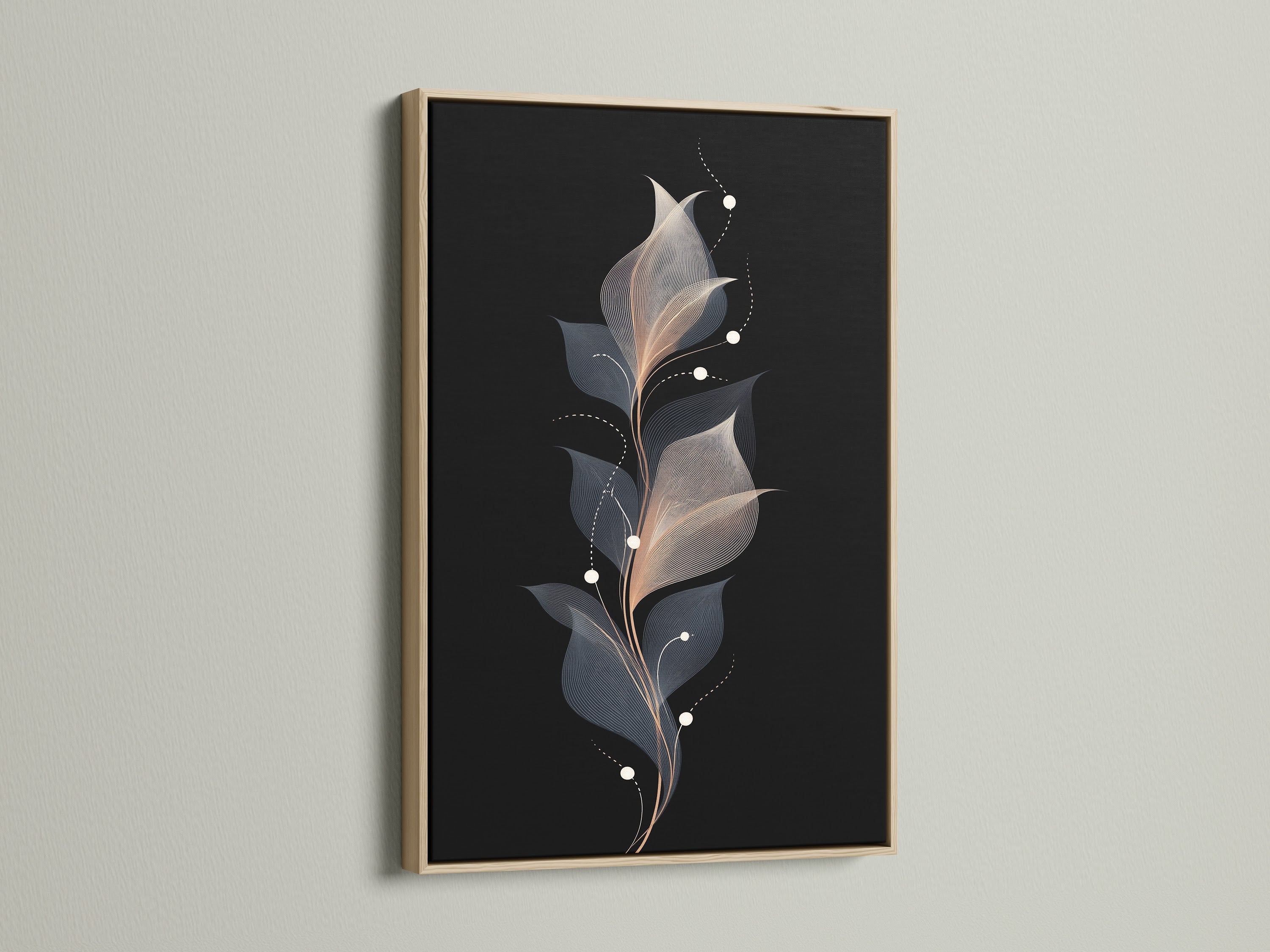 Floral line art canvas print in an oak frame. This abstract flower is a modern botanical print. The artwork is perfect as bedroom decor. It's minimalist art with neutral tones. This flower canvas features a line drawing.