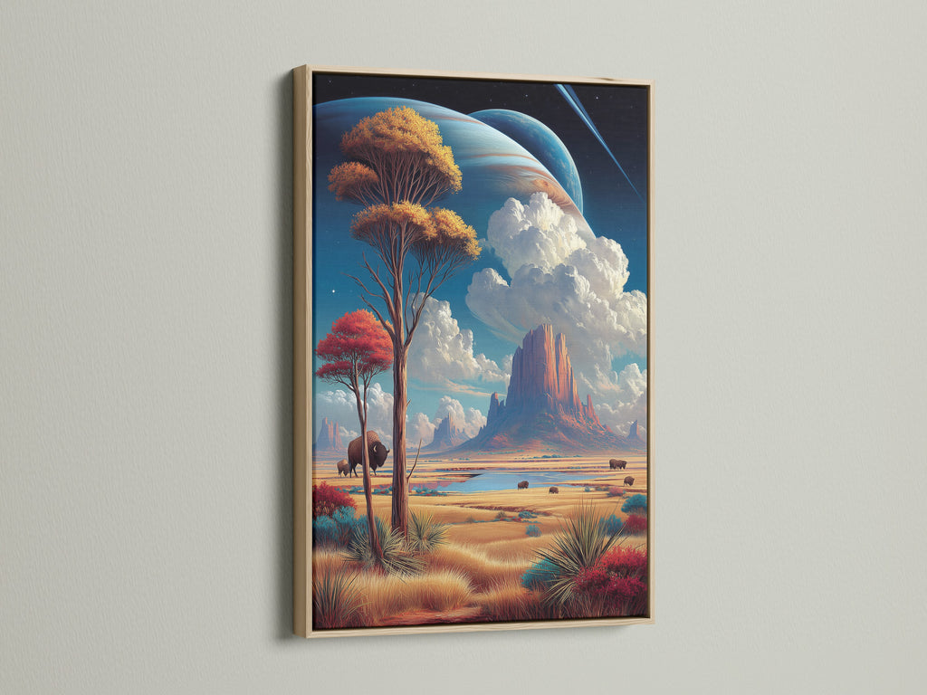 Bison Landscape artwork in an oak frame enhancing its natural appeal. Southwestern wall art featuring Monument Valley brings earthy tones to any room. Ideal for homeowners renters and interior designers seeking unique landscape prints.