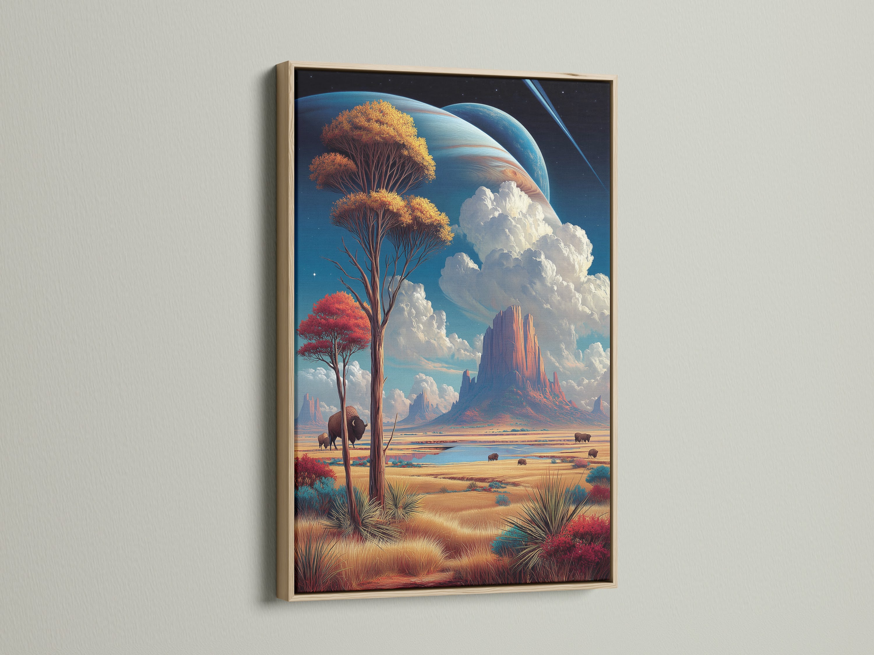 Bison Landscape artwork in an oak frame enhancing its natural appeal. Southwestern wall art featuring Monument Valley brings earthy tones to any room. Ideal for homeowners renters and interior designers seeking unique landscape prints.