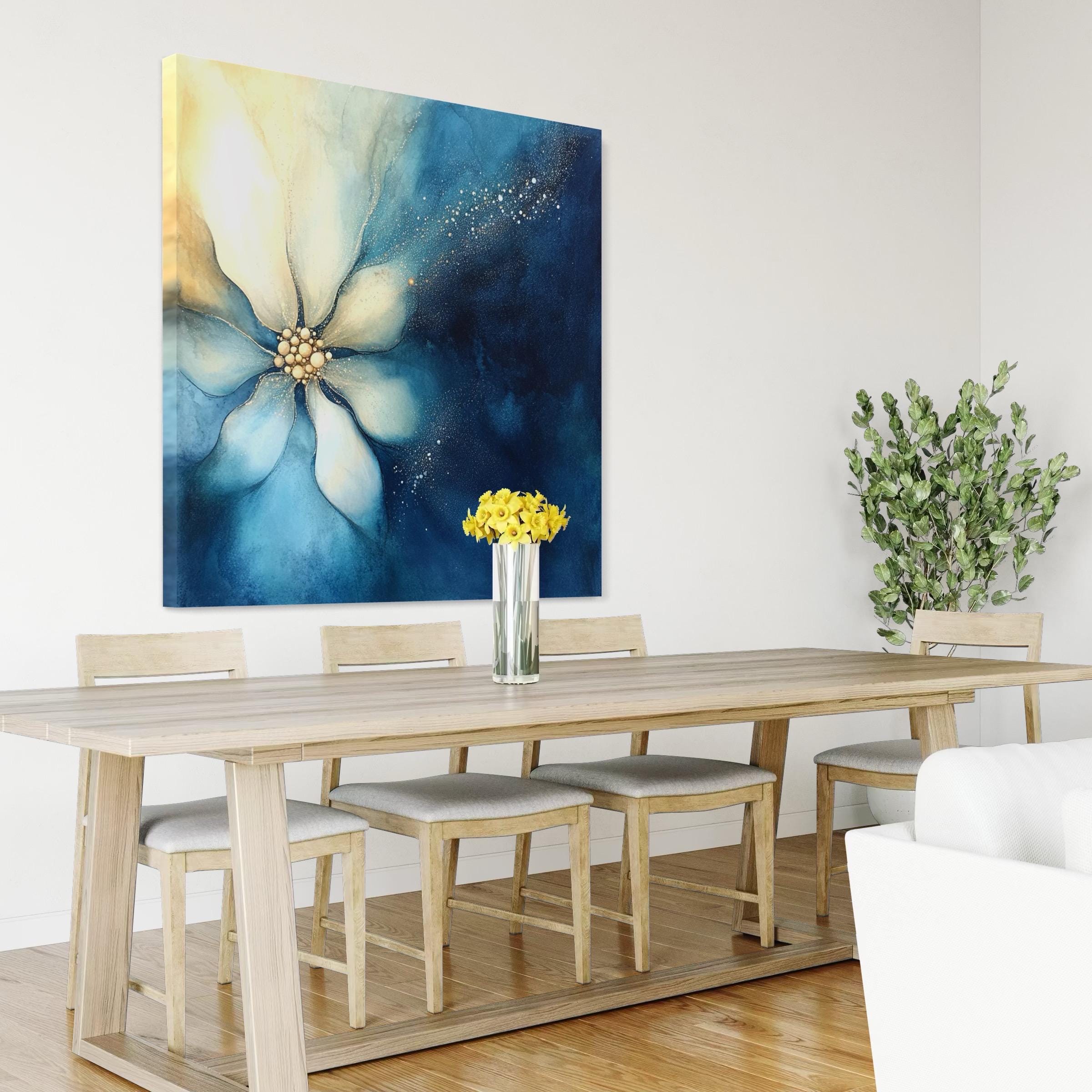 Blue Floral Wall Art - Abstract Flower Canvas, Elegant Watercolor Bloom, Navy and Gold Botanical Painting, Modern Floral Artwork for Kitchen