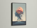 This black frame features a captivating surreal double exposure artwork. The artwork merges a woman silhouette with a moon and a tree. Enhance your home office with this piece of mental health art. Explore the depth of psychology art in our collection.