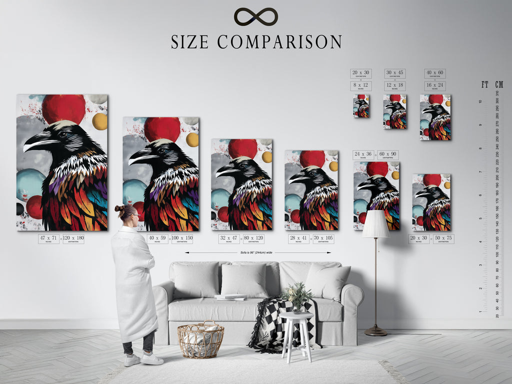 A size comparison chart showcases the raven art in an interior setting. See how this colorful bird wall art fits your space. This modern gothic artwork enhances any room. Perfect for home or office decor.