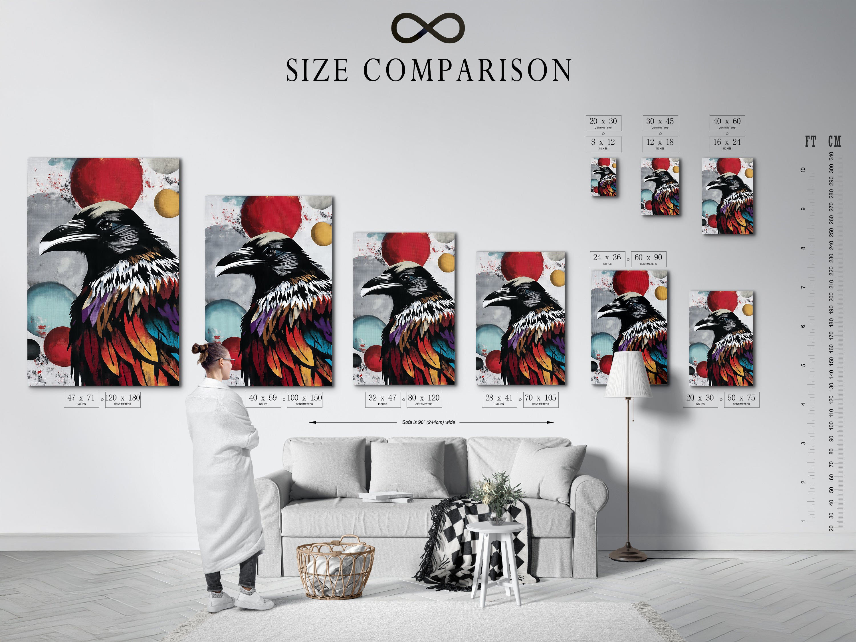 A size comparison chart showcases the raven art in an interior setting. See how this colorful bird wall art fits your space. This modern gothic artwork enhances any room. Perfect for home or office decor.