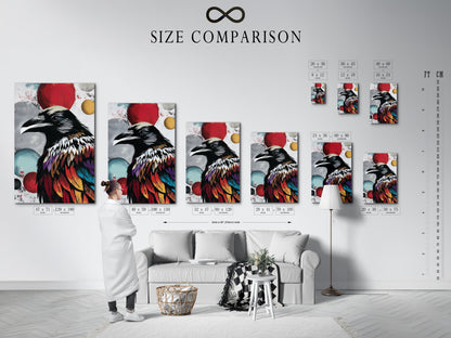 A size comparison chart showcases the raven art in an interior setting. See how this colorful bird wall art fits your space. This modern gothic artwork enhances any room. Perfect for home or office decor.