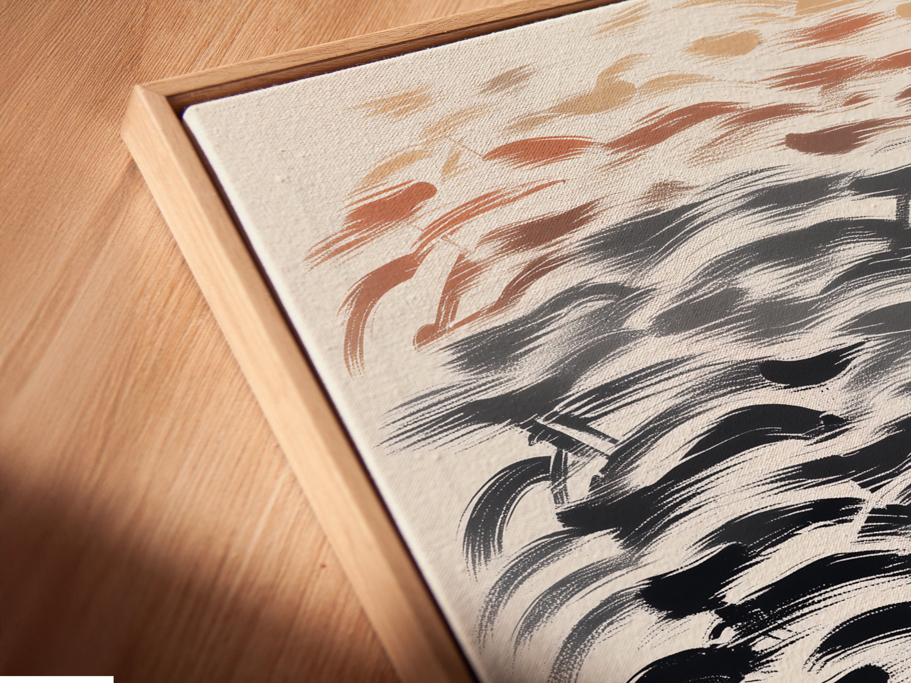 A close up of a canvas print with a floating frame. The abstract cycling artwork is sleek and modern. See the minimalist art details that make this bikes wall art stand out. Perfect for home owners and interior designers.