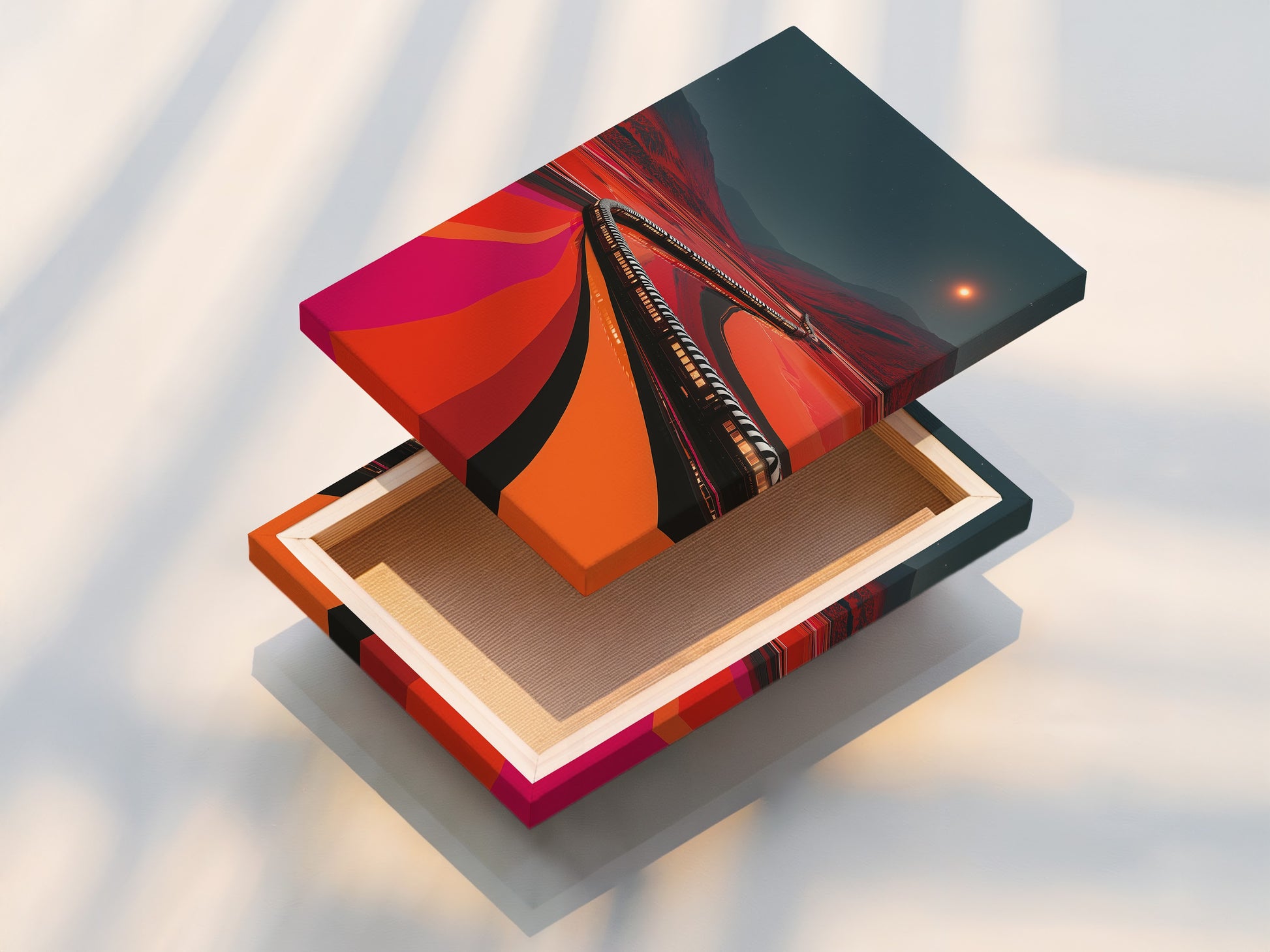 A stretched canvas print of the Train Journey artwork. The canvas print offers a gallery-quality look. This retro railroad wall artwork is durable and vibrant. Earth tone decor is timeless.