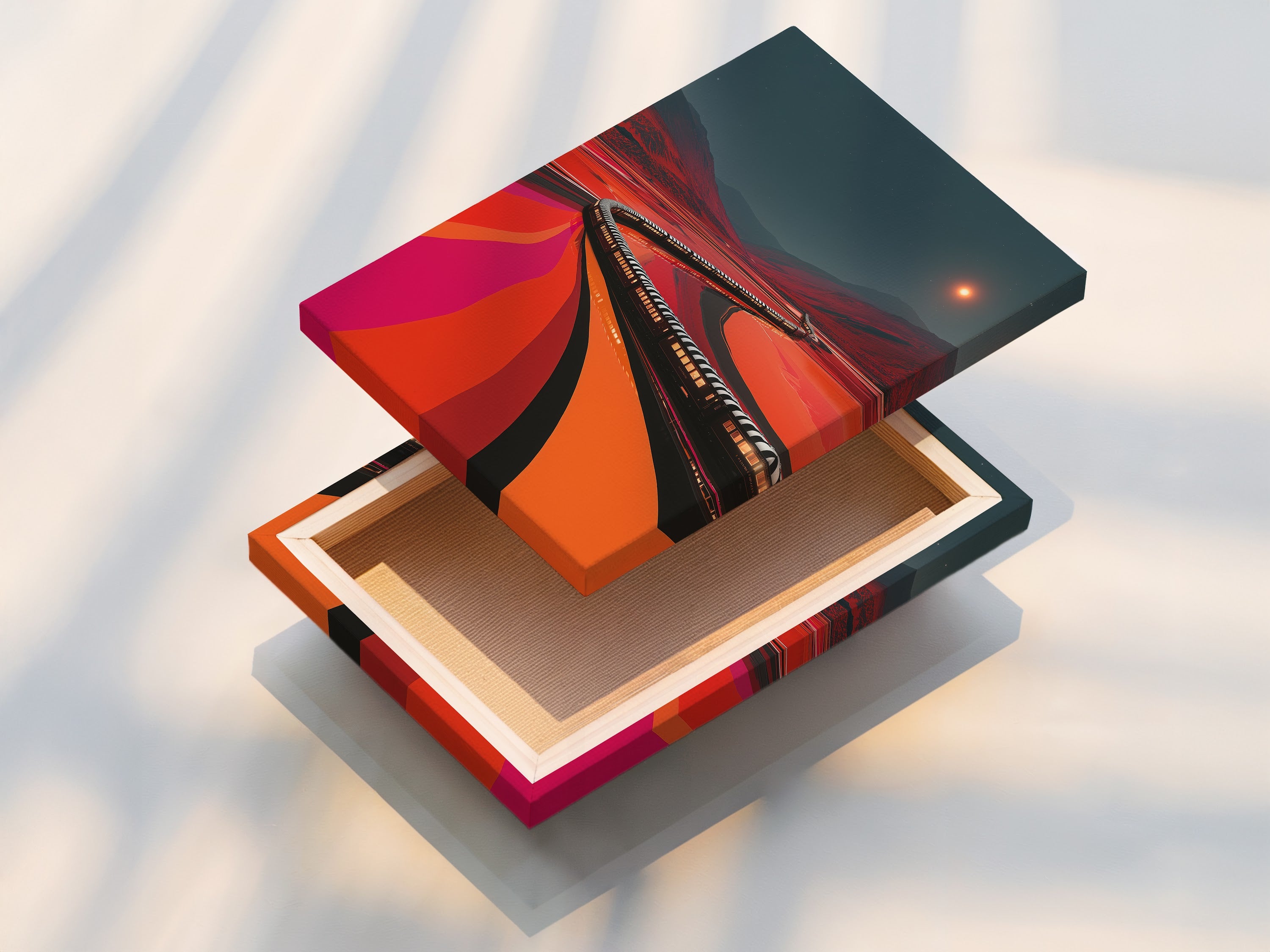 A stretched canvas print of the Train Journey artwork. The canvas print offers a gallery-quality look. This retro railroad wall artwork is durable and vibrant. Earth tone decor is timeless.