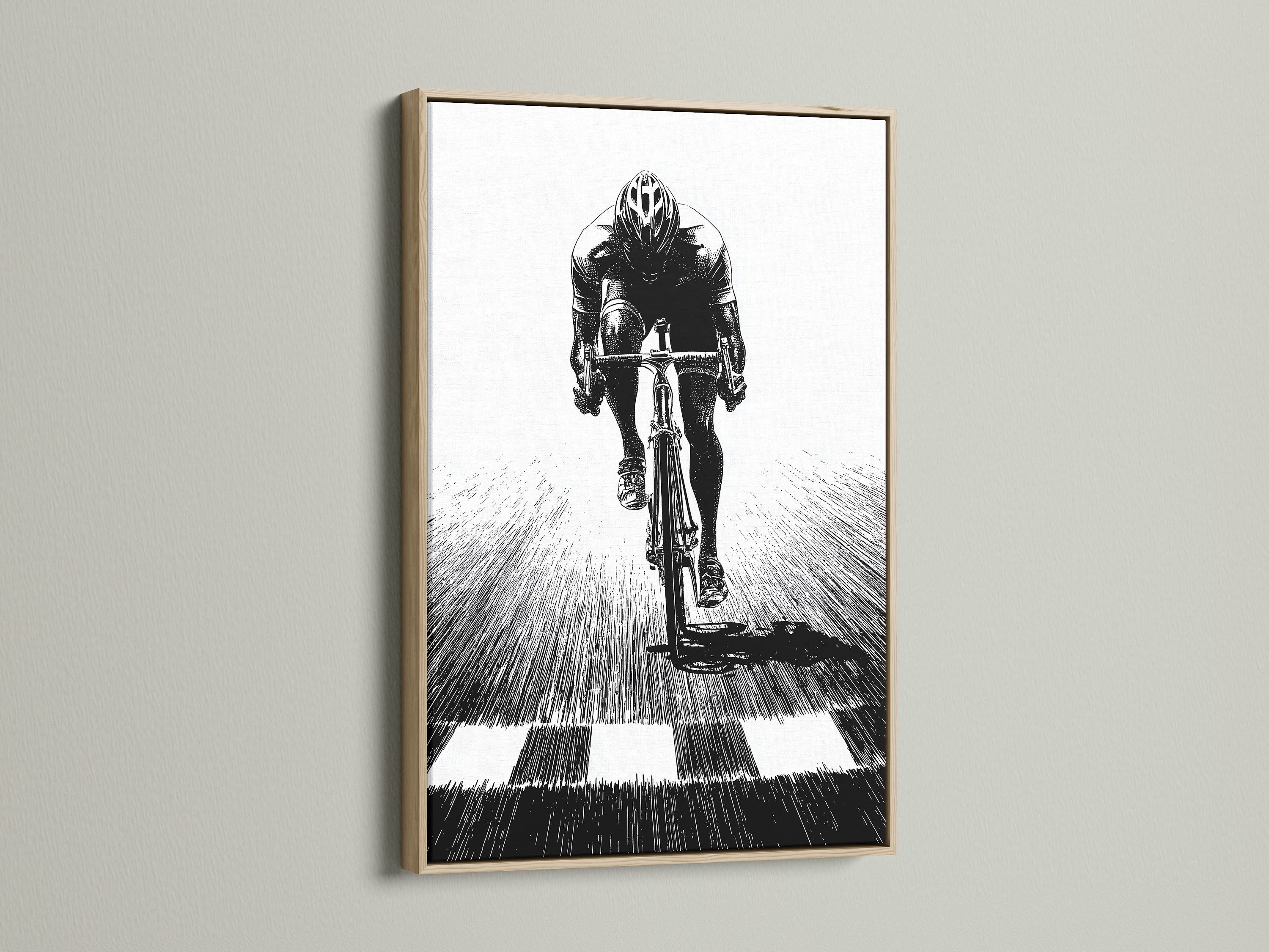 Cycling Art Print in an oak Frame. Vintage bicycle wall art is ideal for a home office or living room. The oak frame enhances the artwork. This bicycle print is a great gift for cyclists. Showcase your love for cycling with this print.