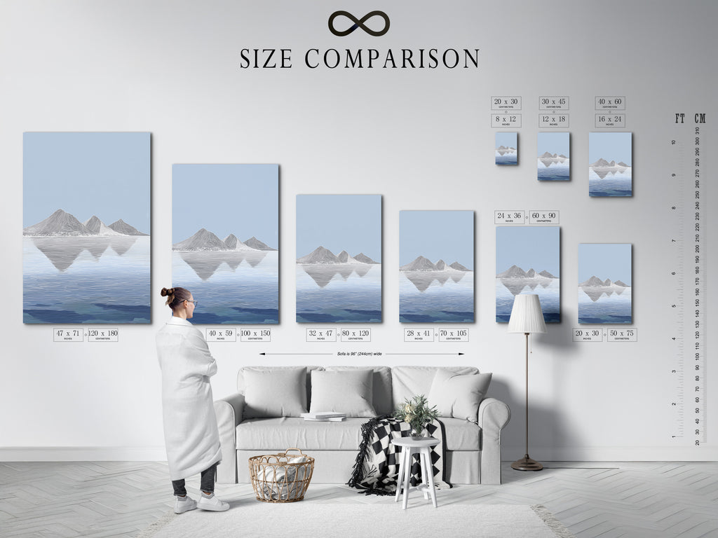 A size comparison chart displayed in an interior setting. The size chart helps visualize artwork dimensions. See how different sizes fit in your space. Find the perfect art size for your room. This chart simplifies your art selection process. Choose the right size to enhance your decor.
