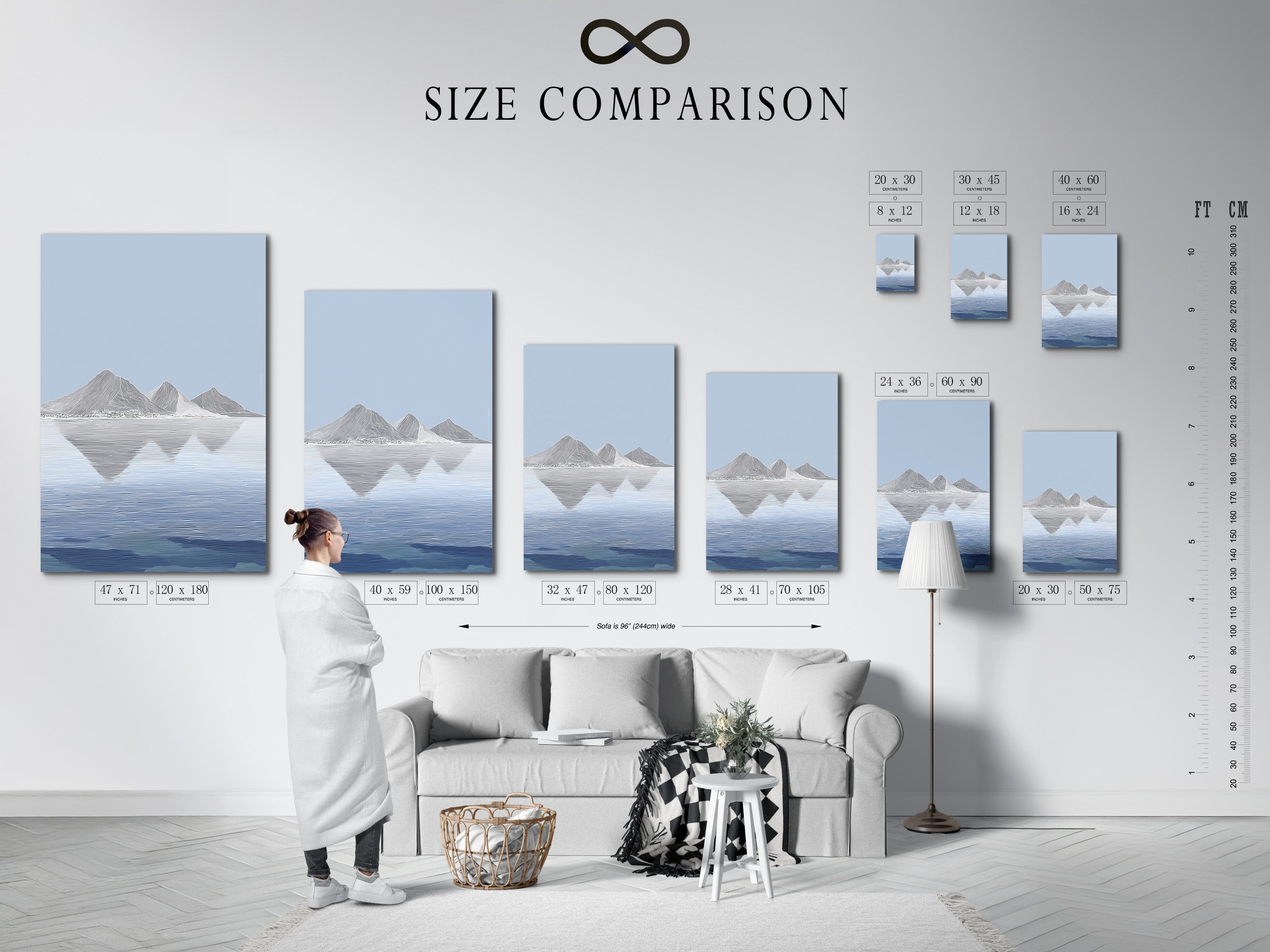 A size comparison chart displayed in an interior setting. The size chart helps visualize artwork dimensions. See how different sizes fit in your space. Find the perfect art size for your room. This chart simplifies your art selection process. Choose the right size to enhance your decor.