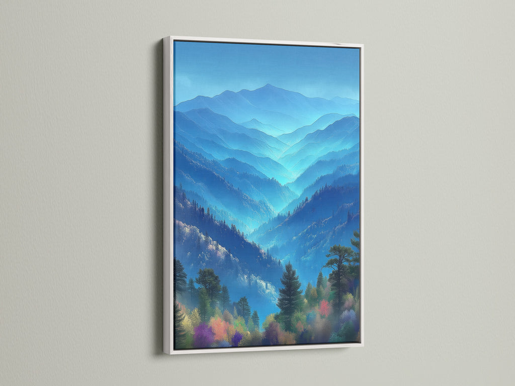 View landscape wall art with a white frame. The nature print captures misty mountains. The white frame adds a clean modern touch. Perfect for creating a peaceful environment in any room. This artwork is ideal for home offices.