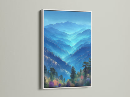 View landscape wall art with a white frame. The nature print captures misty mountains. The white frame adds a clean modern touch. Perfect for creating a peaceful environment in any room. This artwork is ideal for home offices.