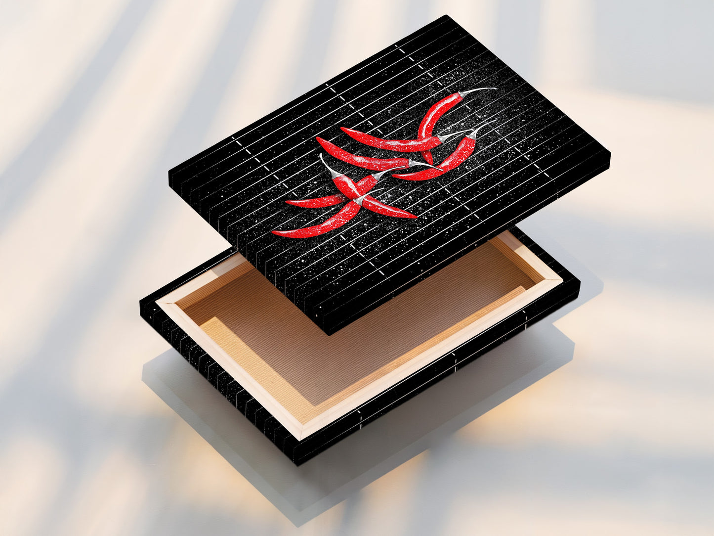 This stretched canvas print showcases a vibrant chili pepper artwork. The art is ready to hang. This modern piece is perfect for any kitchen. Ideal for adding a spicy touch to dining areas. Great for cafe-inspired styles.