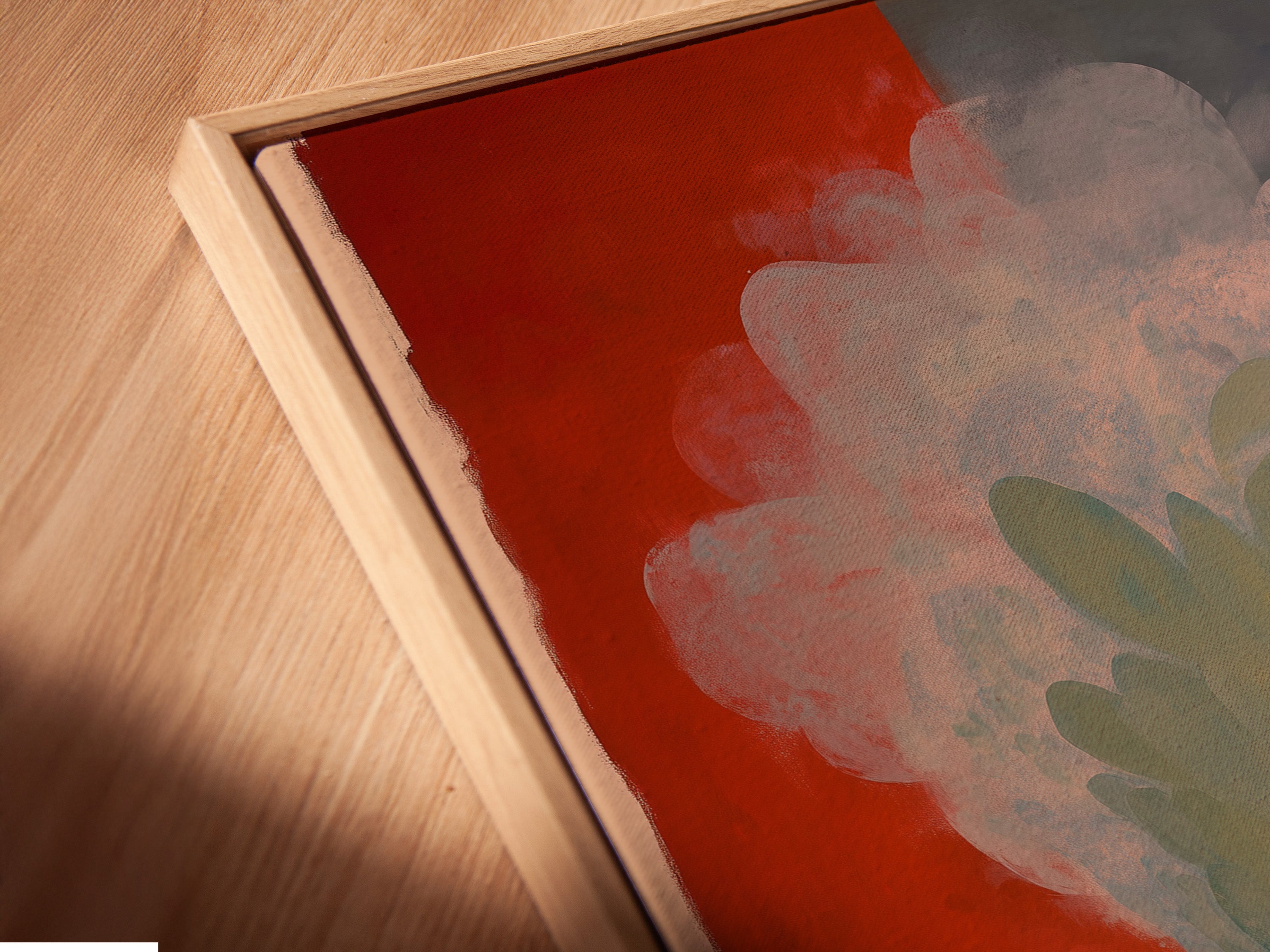 A close-up angled view reveals a canvas print in a floating frame. The frame enhances the artwork's contemporary appeal. The canvas print brings texture and depth. Experience art in a new dimension. Ideal for modern interiors. Elevate your artwork today.