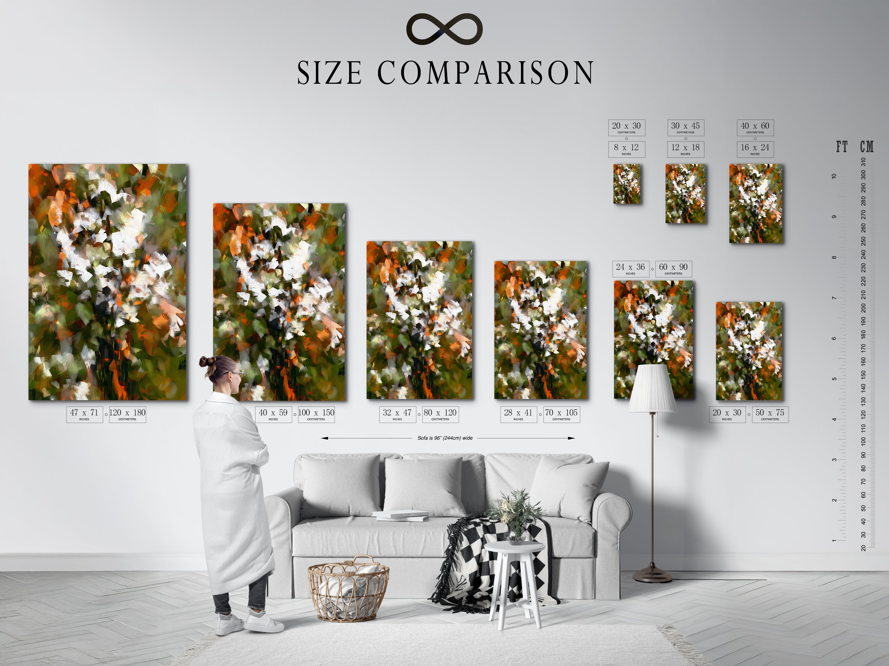 This size comparison chart is displayed in an interior setting. The chart shows various sizes for artwork prints. It helps visualize the perfect fit for your space. Choose the ideal size for your abstract floral art. Find the perfect canvas for your wall decor.
