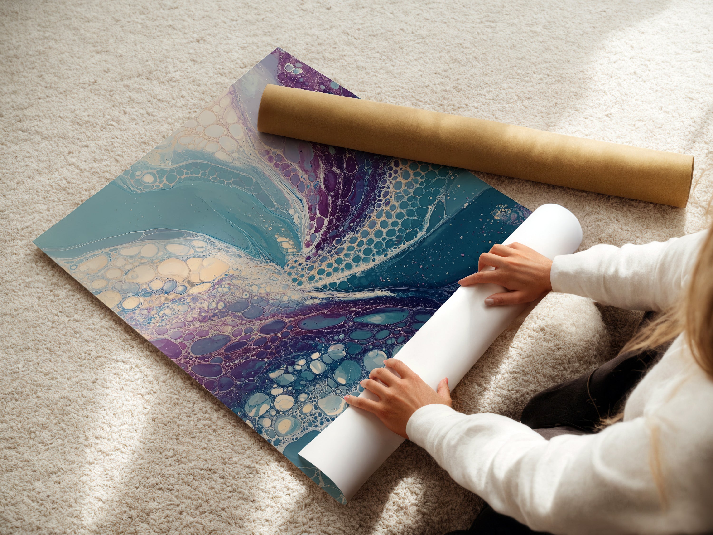 A woman is carefully rolling a fine art poster paper. The paper features an abstract fluid art print. Teal and purple colors blend beautifully. This poster is perfect for adding a contemporary touch. Ideal for modern wall decor in any room or office. Upgrade your space with this fine art piece.