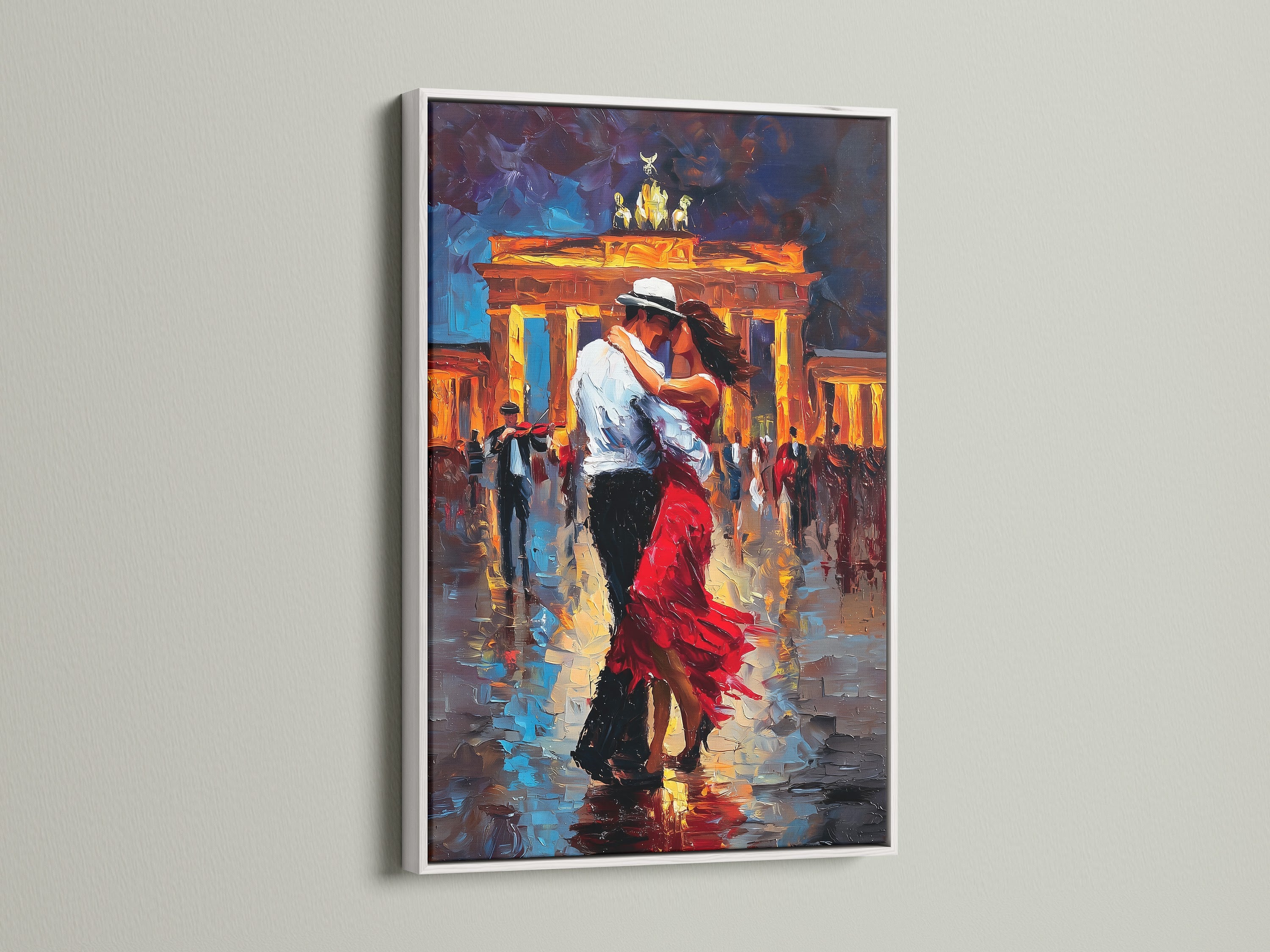 White frame. The artwork showcases a couple dancing in a romantic urban setting. The white frame option offers a clean and modern aesthetic. It enhances the artwork's vibrancy and creates a focal point. The white frame is perfect for minimalist interiors and gallery walls.