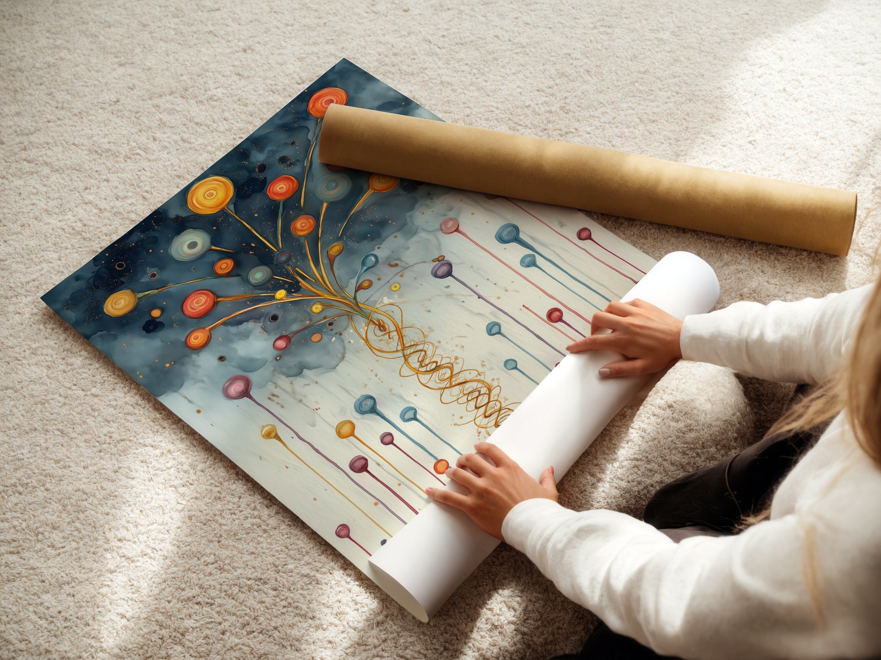 A woman rolling a fine art poster paper featuring abstract balloon artwork. Perfect for modern wall decor. This colorful print adds a whimsical touch to any space. Ideal for nurseries and playrooms. Discover the beauty of fine art in your home.