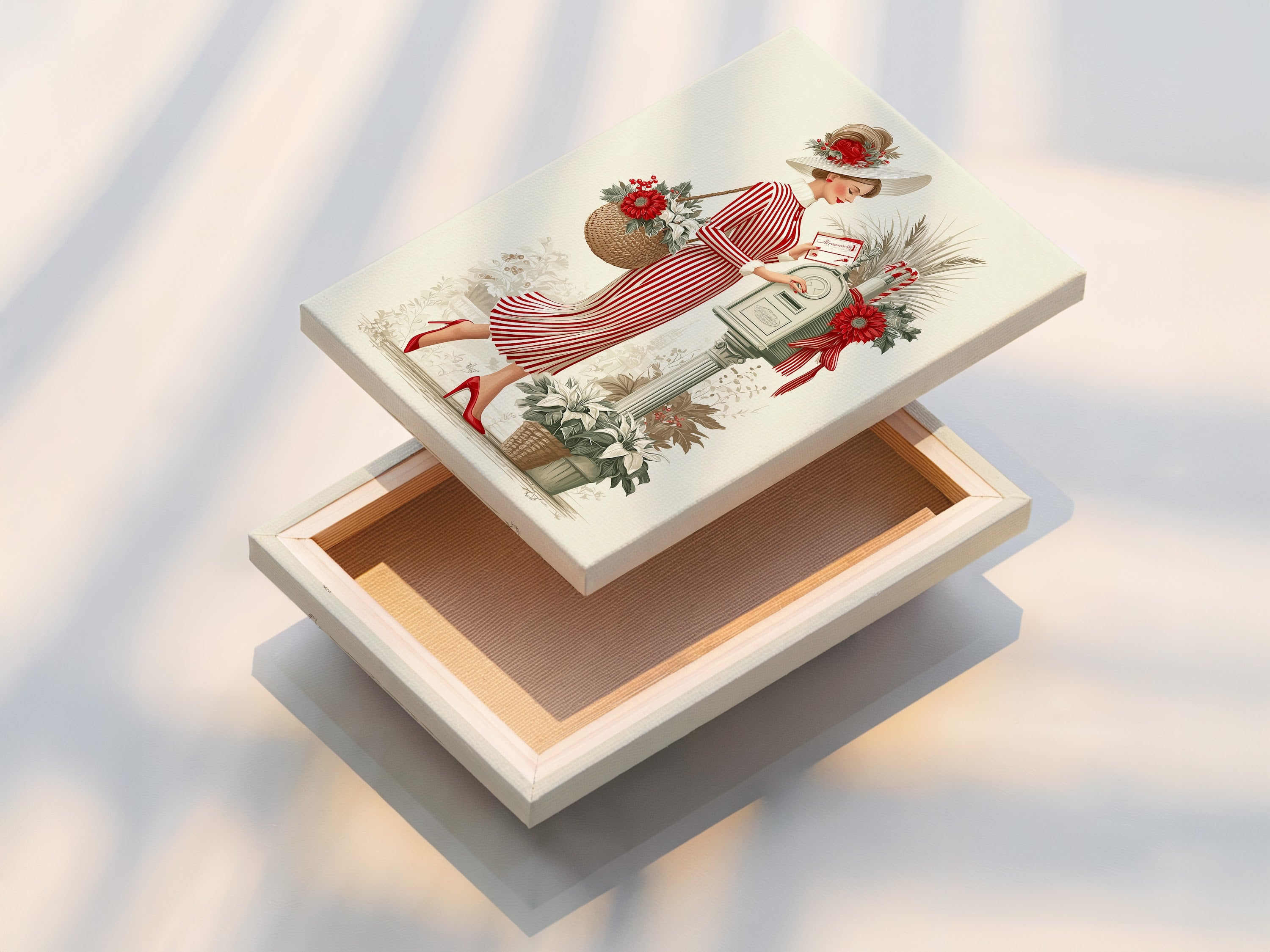 This is a stretched canvas print. The vintage lady artwork is ready to hang and enjoy. The red striped dress art is perfect for adding a touch of classic fashion to your walls. Explore our stretched canvas options for a gallery-ready look.