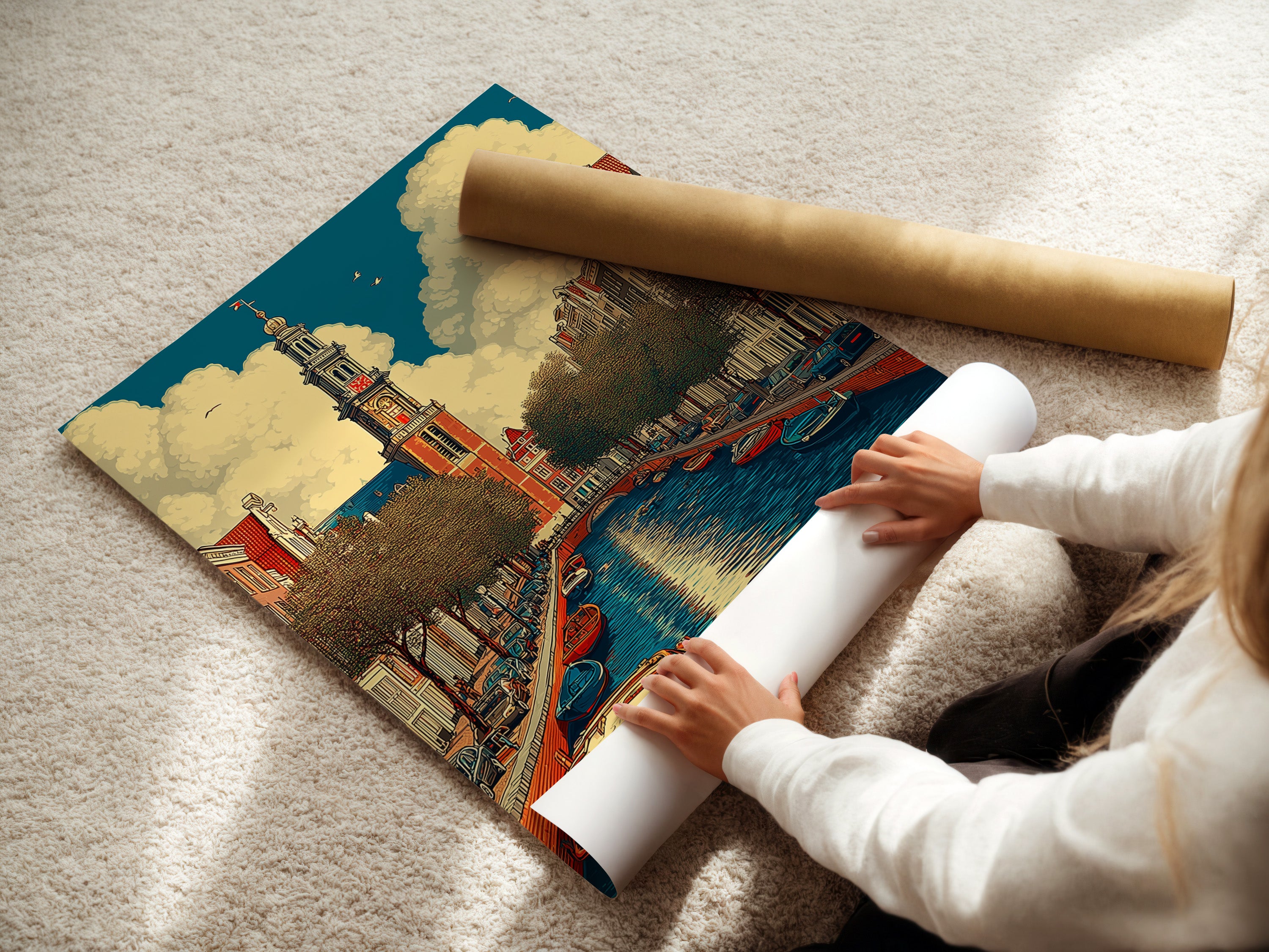 Stampa su tela del canale di Amsterdam - Arte murale con architettura olandese d'epoca, poster con paesaggio urbano europeo per l'arredamento del soggiorno