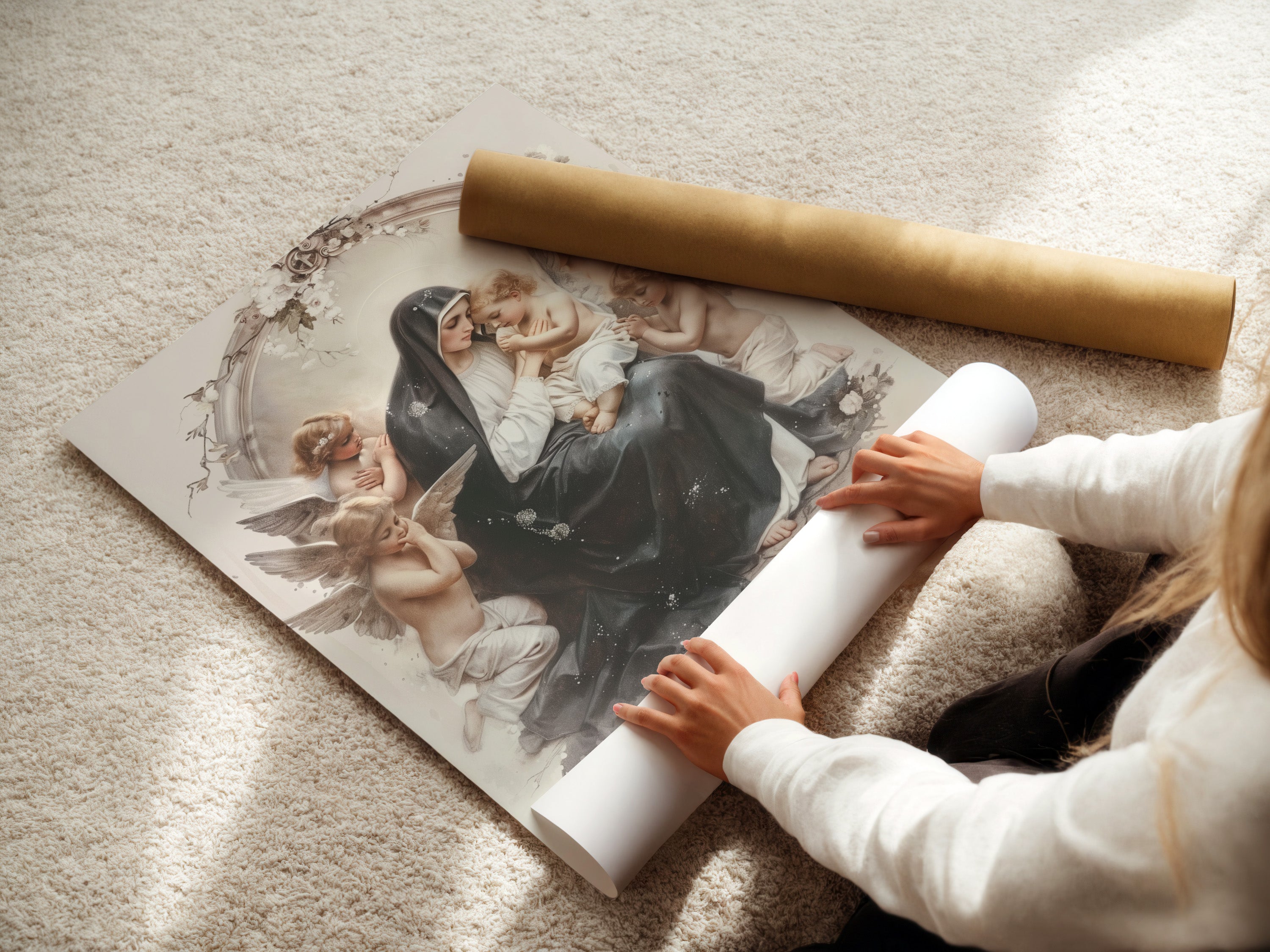 A woman is carefully rolling a fine art poster paper. The fine art poster paper ensures high-quality prints. This paper is ideal for detailed artwork. Preserve the quality of your artwork. This is the best way to store the artwork.