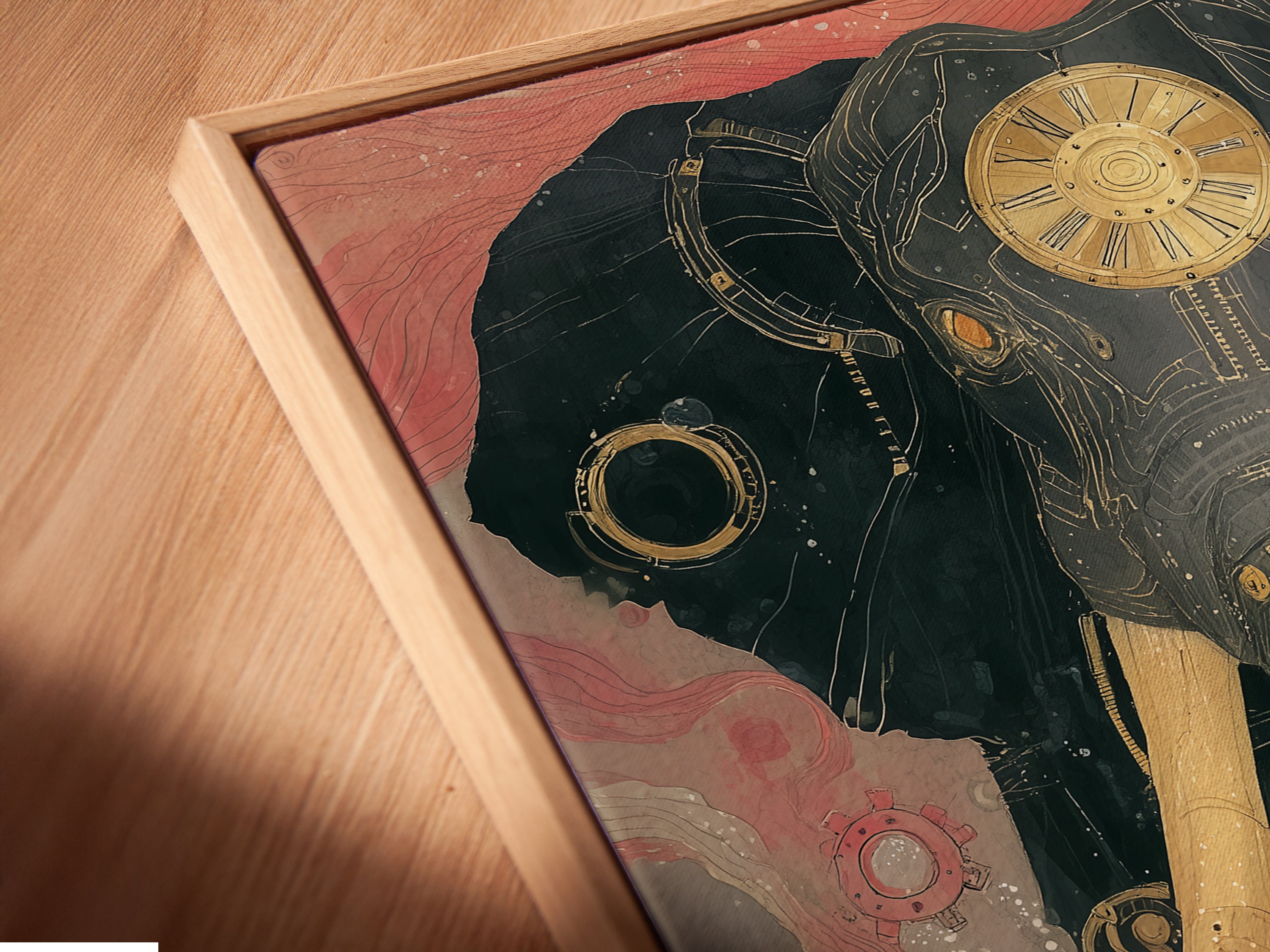 Angled close up of a steampunk elephant canvas print in a floating frame. Mechanical animal art on display. The vintage wall art is ready to hang. Industrial decor for modern spaces.