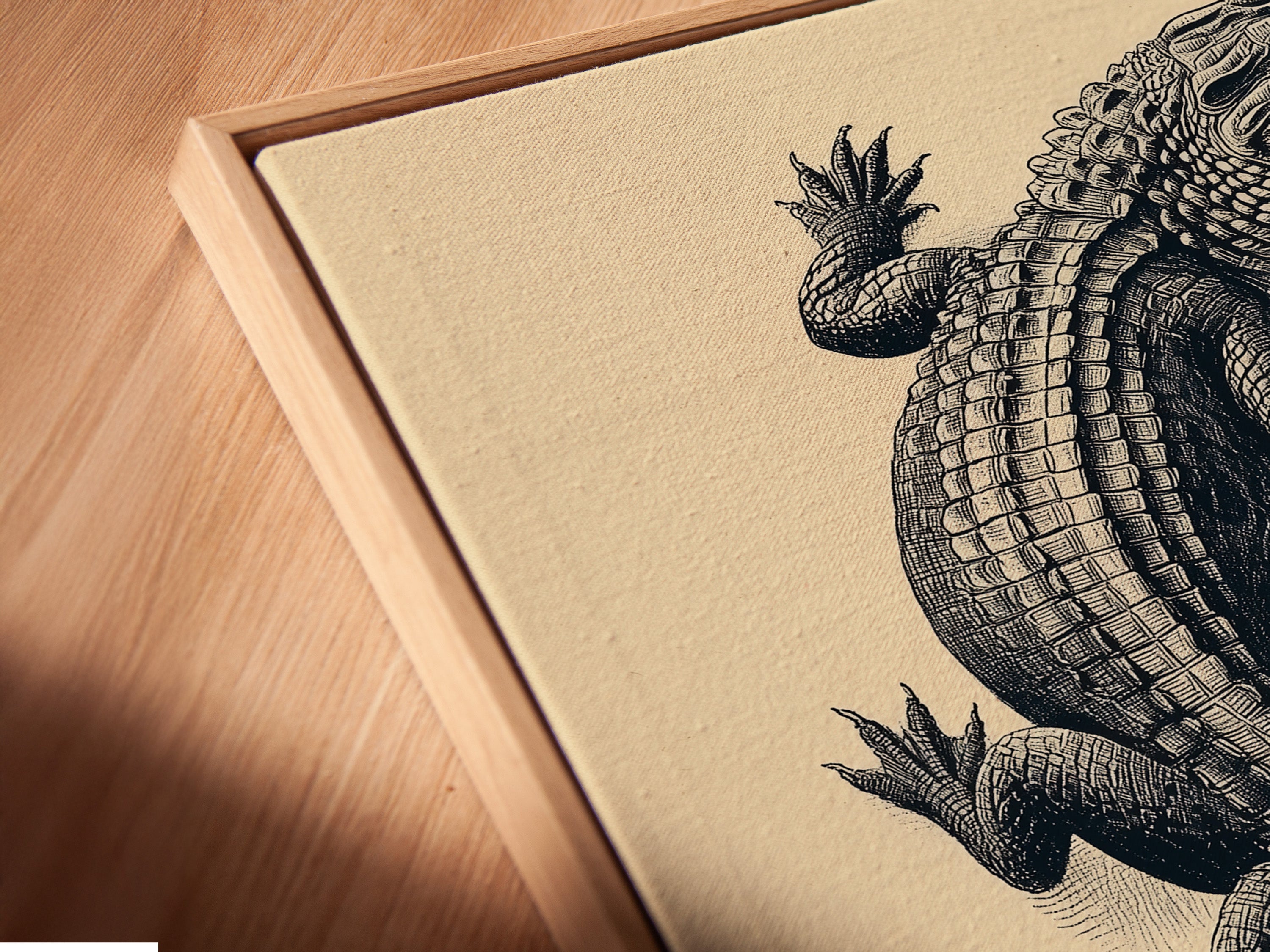 Close-up angled view of a canvas print in a floating frame. The Vintage Alligator Art Print showcases intricate details. This antique reptile wall art is perfect for study room decor. The floating frame enhances the artwork's vintage zoology appeal. A unique piece of natural history art.
