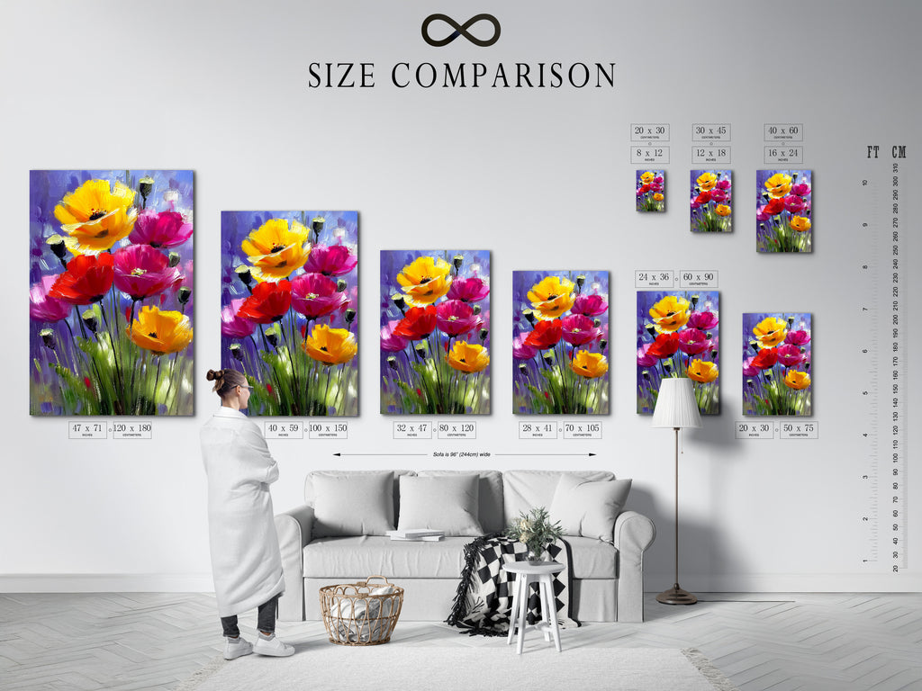 A size comparison chart displayed in an interior setting. Visualize different artwork sizes in your space. This helps you choose the perfect dimensions for your walls. Find the ideal fit to complement your room's aesthetics.