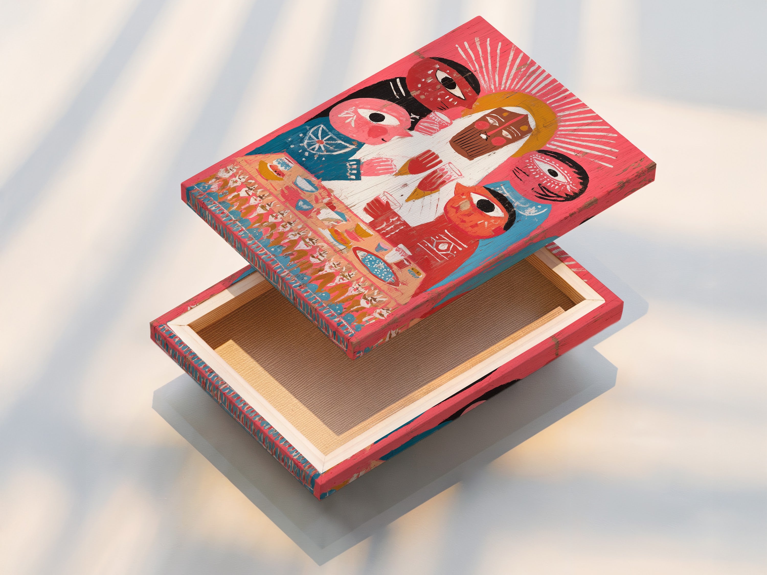 Stretched canvas print of Religious Family Art. Modern Folk Wall Art adds color to any room. Folk canvas art is a unique spiritual piece. It is perfect for homeowners and art collectors.