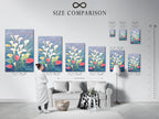 This size comparison chart is set in an interior. It shows the different sizes available for the Calla Lily art. This floral botanical print can be a canvas print. It can also be a fine art poster. Great for modern spring decor.