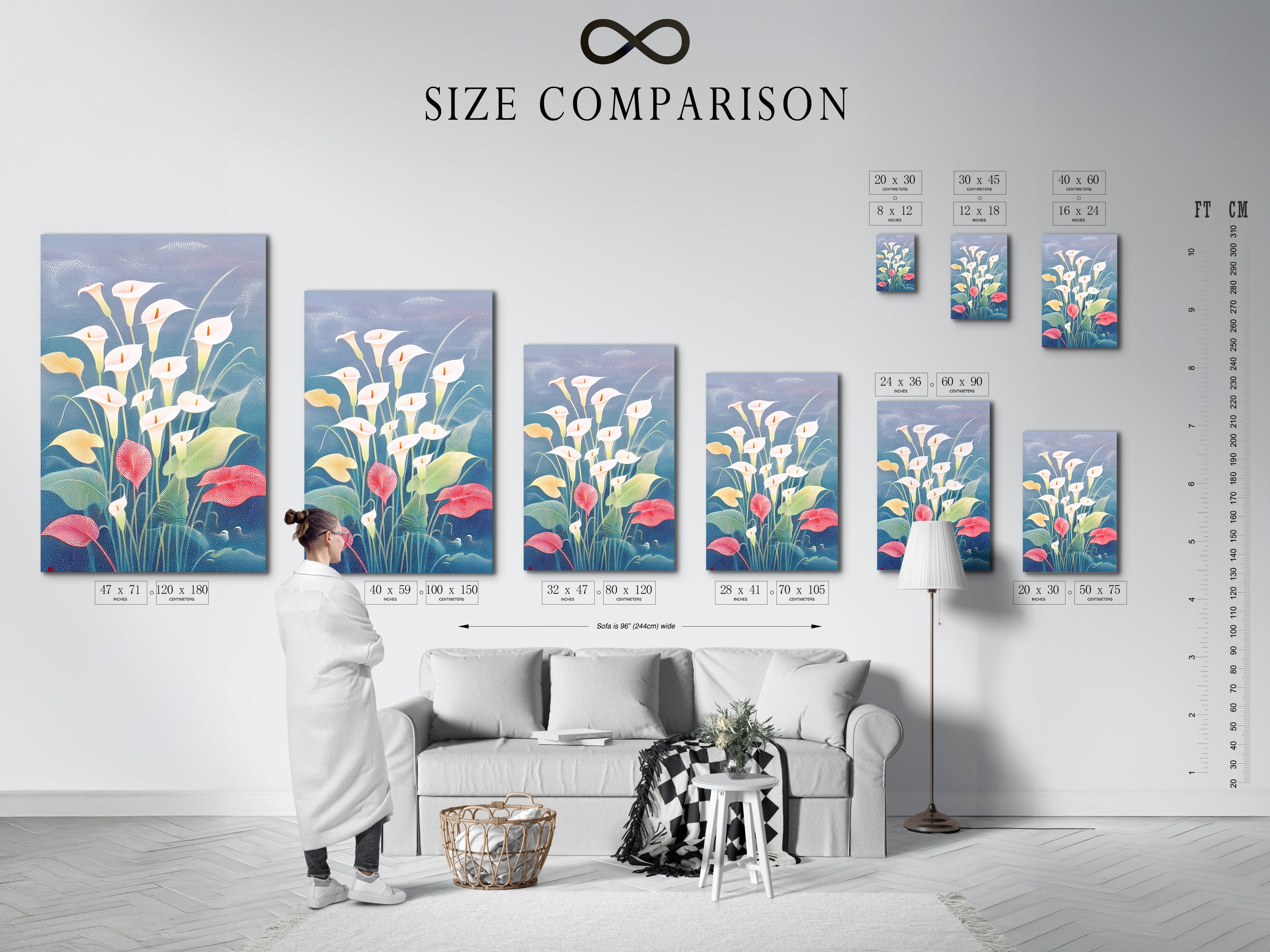 This size comparison chart is set in an interior. It shows the different sizes available for the Calla Lily art. This floral botanical print can be a canvas print. It can also be a fine art poster. Great for modern spring decor.