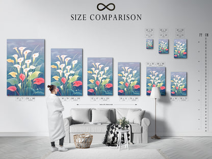 This size comparison chart is set in an interior. It shows the different sizes available for the Calla Lily art. This floral botanical print can be a canvas print. It can also be a fine art poster. Great for modern spring decor.