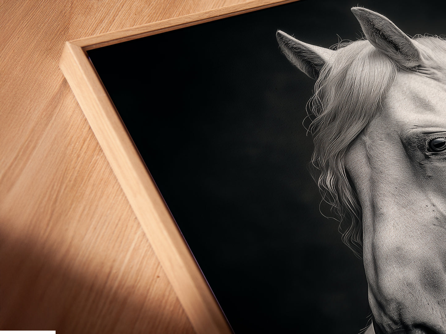A close-up of a canvas print featuring a white horse. Black and white animal photography is showcased in a floating frame. This equestrian wall art adds a modern touch to any room. Perfect as bedroom wall decor or a thoughtful horse lover gift. The fine art print enhances any space.